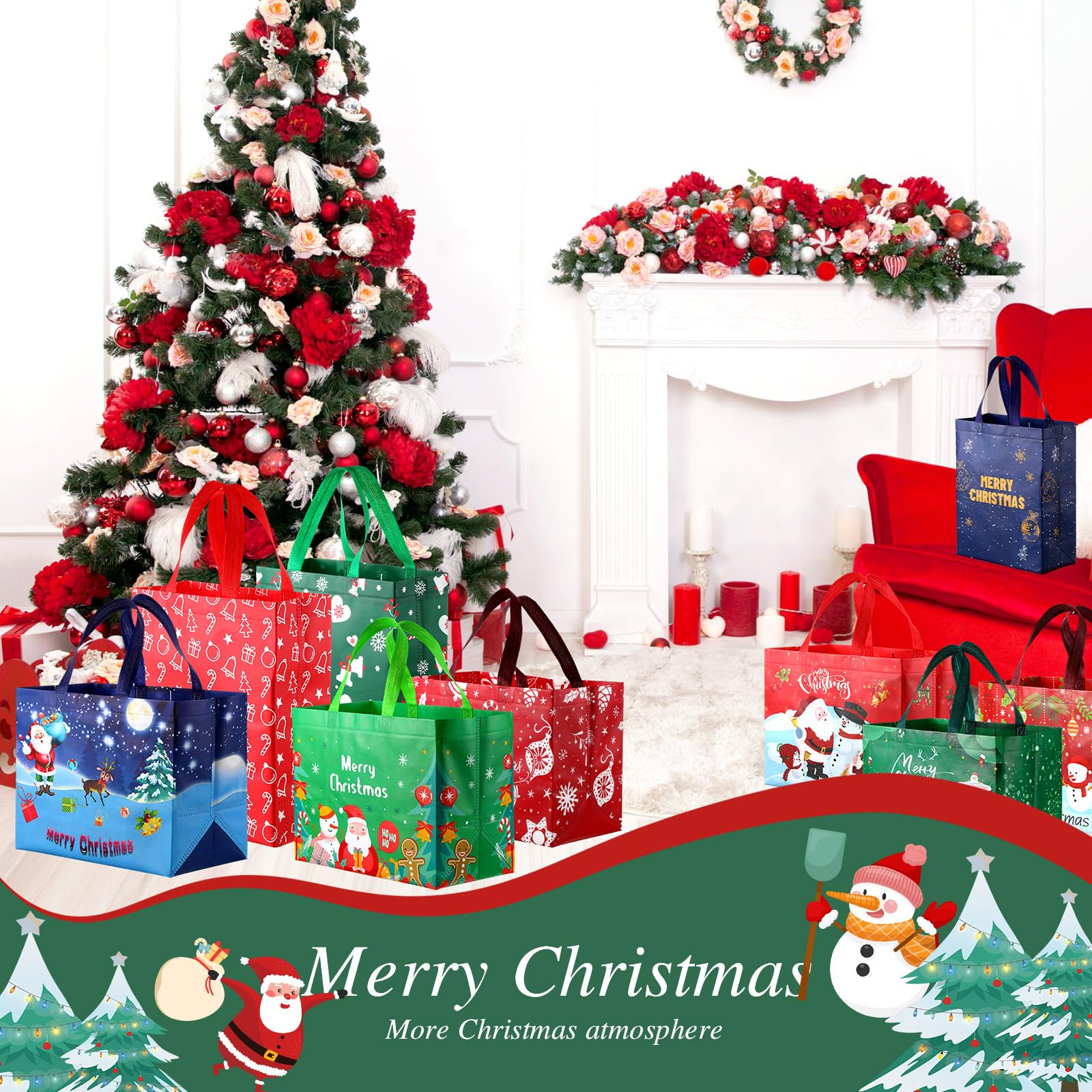Xuniea Lot de 48 sacs fourre-tout de Noël avec poignées, sacs cadeaux de Noël multifonctionnels, non tissés, étanches, pour les fêtes de Noël, 32 x 25 x 17 cm, 30 x 25 x 11 cm