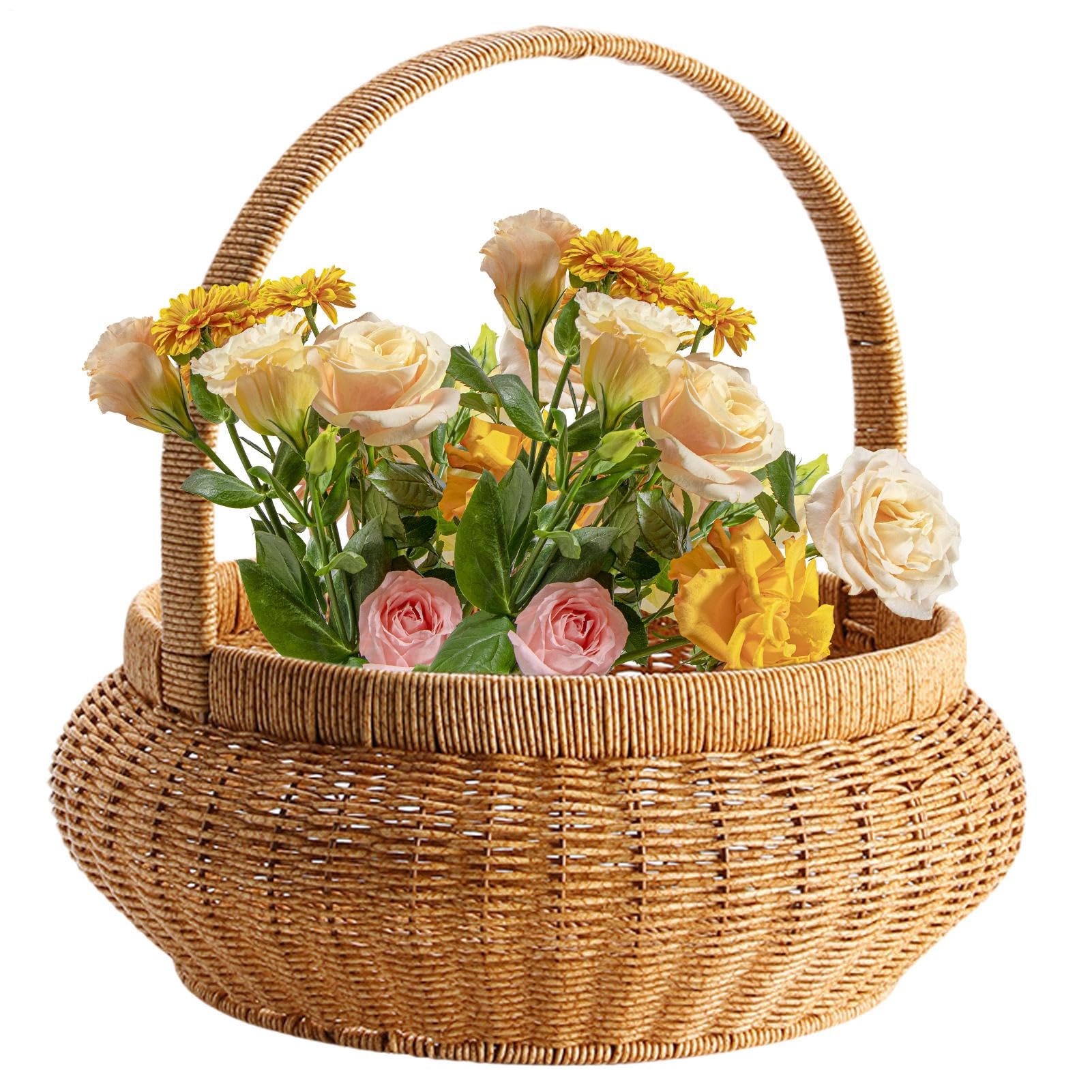 Woven Flower Basket - Organizer Na Żywność Z Wikliny Z Rączkami - Imitacja Rattanu Okrągły Pojemnik Dekoracyjny Do Przechowywania | Na Owoce Warzywa Chleb Serwowanie Dom Stół Piknik