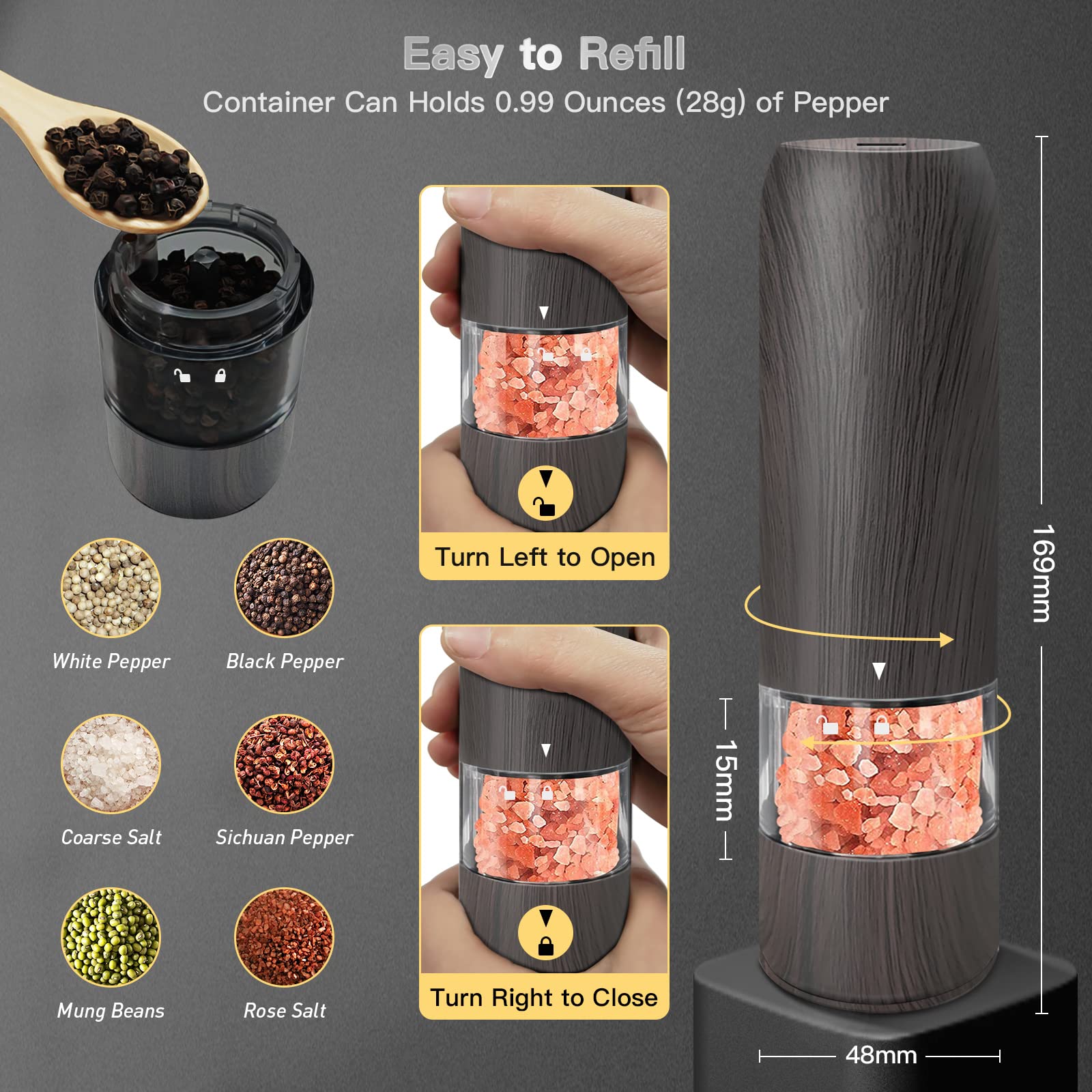 2-Pack Electric Salt & Pepper Grinder Set - USB Rechargeable, Adjustable Coarseness, LED Light, Large Capacity - View #7