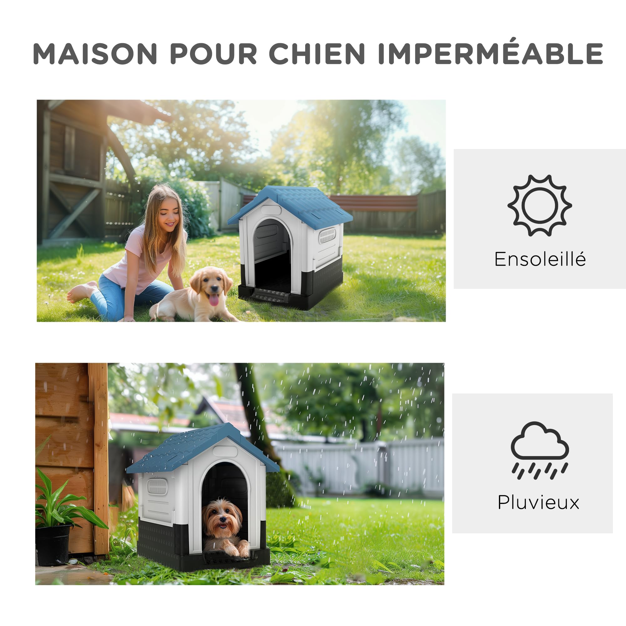 PawHut Niche pour Chien chenil à l'extérieur pour Chiens de Petite et Moyenne Taille - 64,5 x 57 x 66 cm - Blanc et Bleu | pour Chiens de Petite et Moyenne Taille