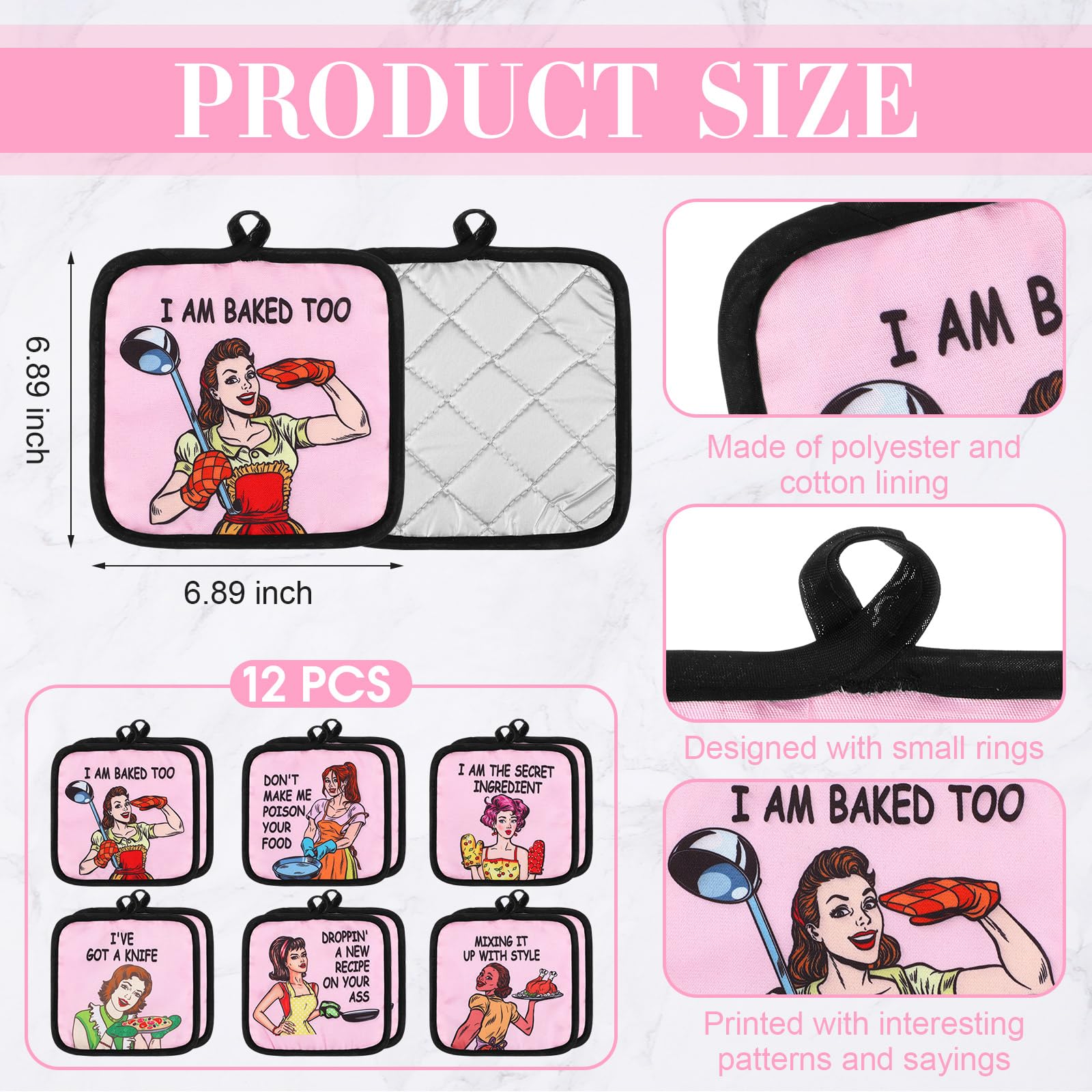 Reallnaive 12 Pieces Funny Oven Pot Holders 6.89 x 6.89 Inches Pot Holders for Kitchen Heat Resistant Oven Hot Pads for Women in Cooking, Baking and Grilling