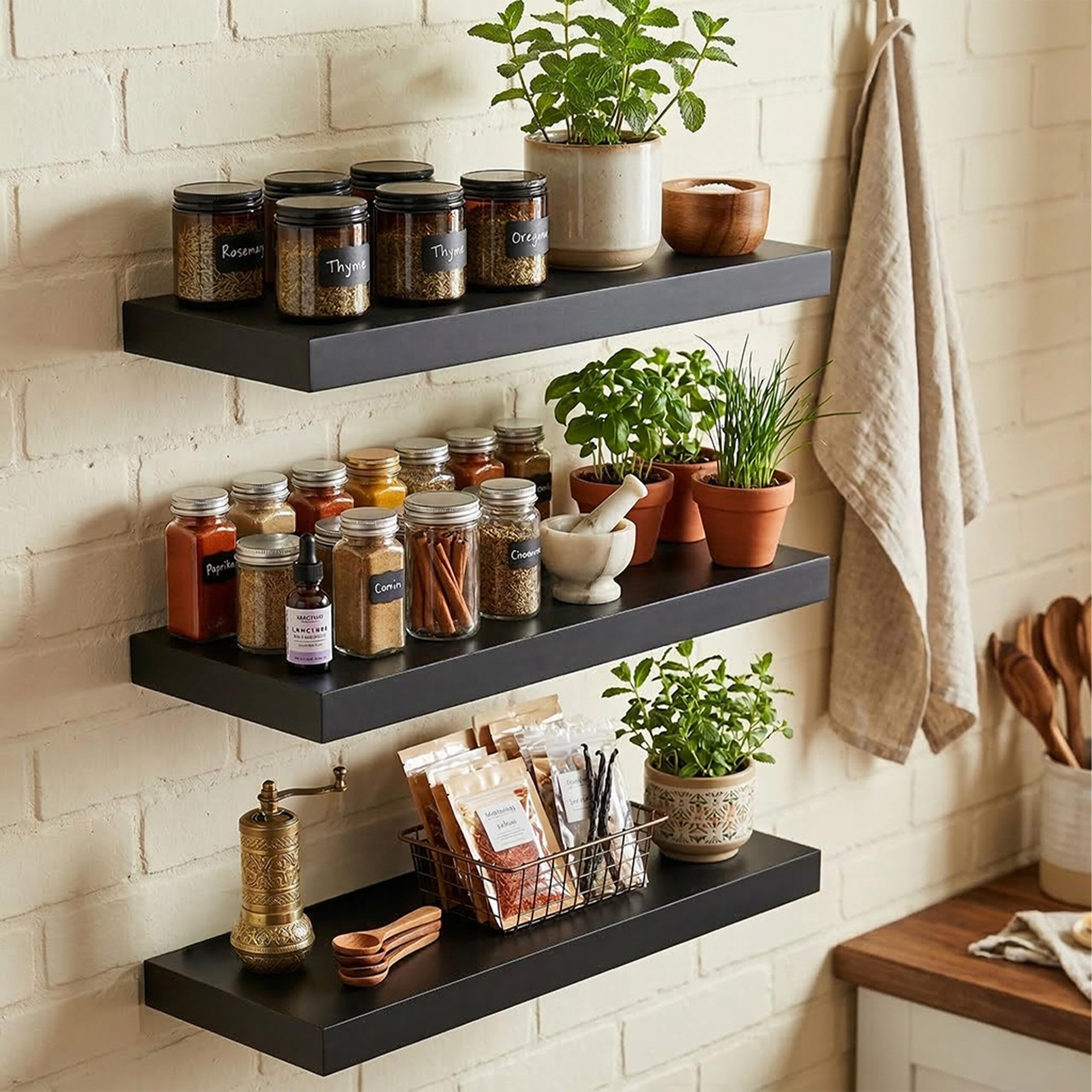 Relaxdays Estantería de Pared Set de 3, Efecto Madera, Metal, 4 x 50 x 23 cm, Negro