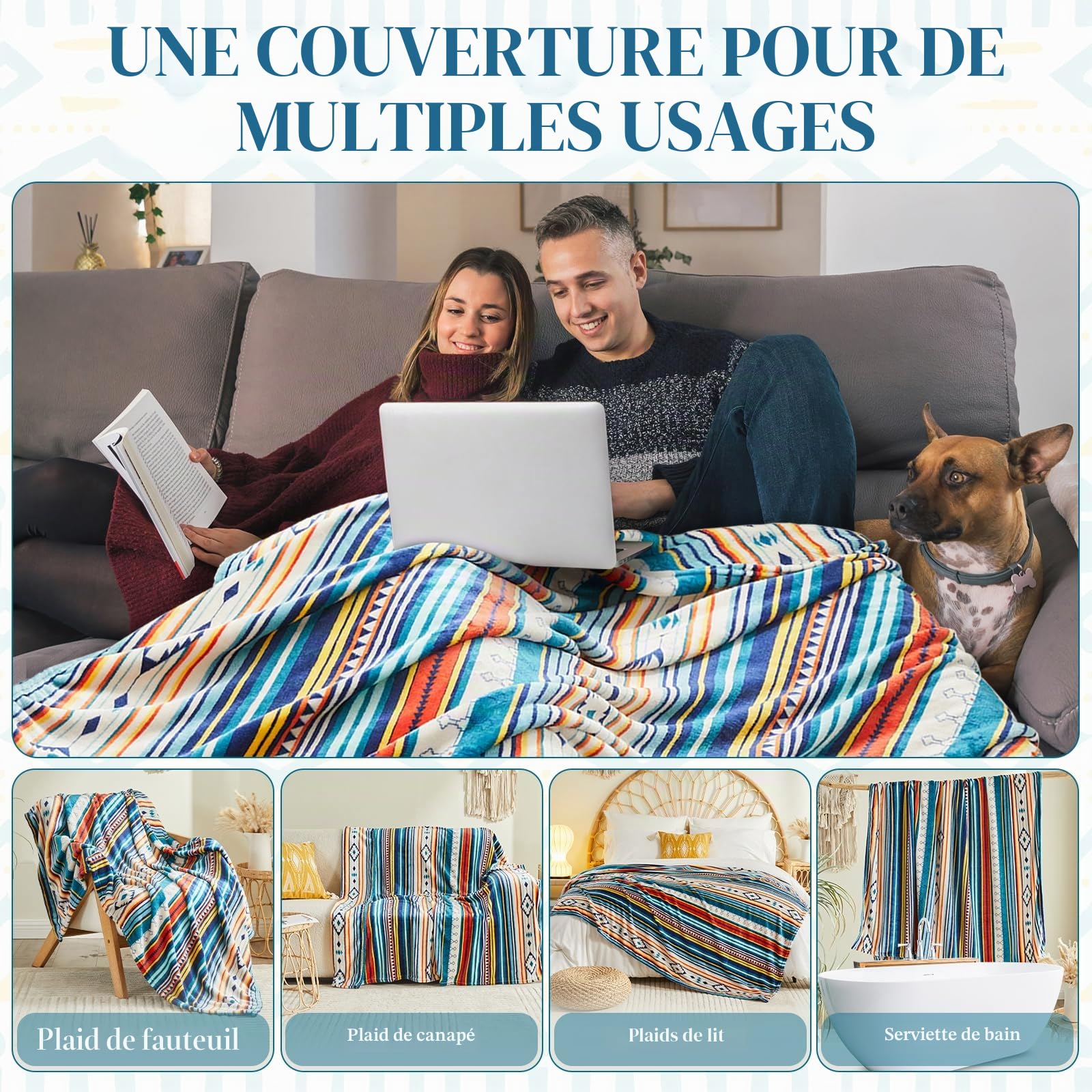 Qucover Plaid Canape Ultra Douce 230x270cm, Plaid en Flanelle Confortable pour Lit, Canapé et Chaise,Couverture Polaire Décorative Bohème Aztèque Ultra Douce et Légère pour Toutes Les Saisons