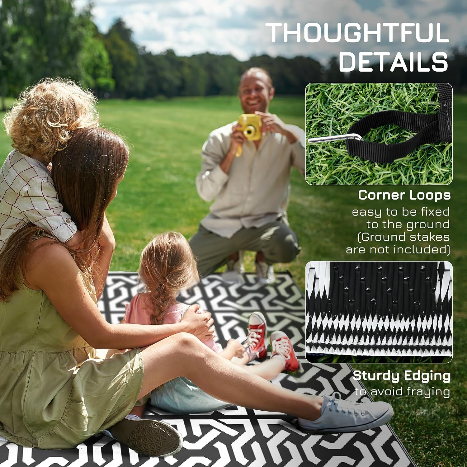 Outsunny Outdoor Rug for Patio, 9' x 18' Waterproof Large Mat, Reversible Plastic Straw Rug for Decor, Portable Outside RV Camping Area Carpet Mat for Backyard Porch Deck Picnic, Black & White Chain