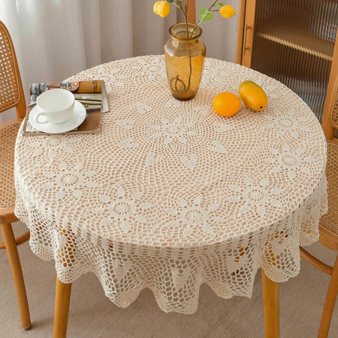 SouthMage Hand Crochet Lace Round Tablecloth Decorative Handmade Rustic Farmhouse Cotton Beige Fabric Table Cover 48 inches Diameter