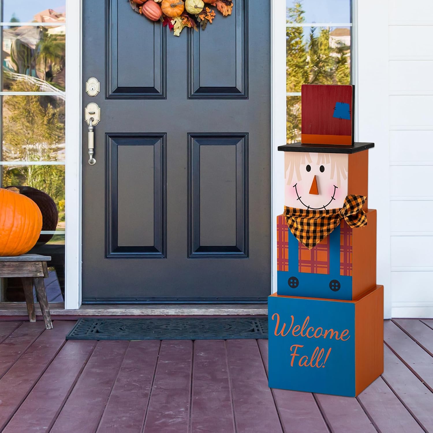 Glizthome 36" H Wooden Double Sided Jack-O-Lantern/Scarecrow Porch Decor Wooden Decorative Nesting Block Set Porch Sign 3 Nesting Boxes with Lids for Halloween and Fall Decorations image 4