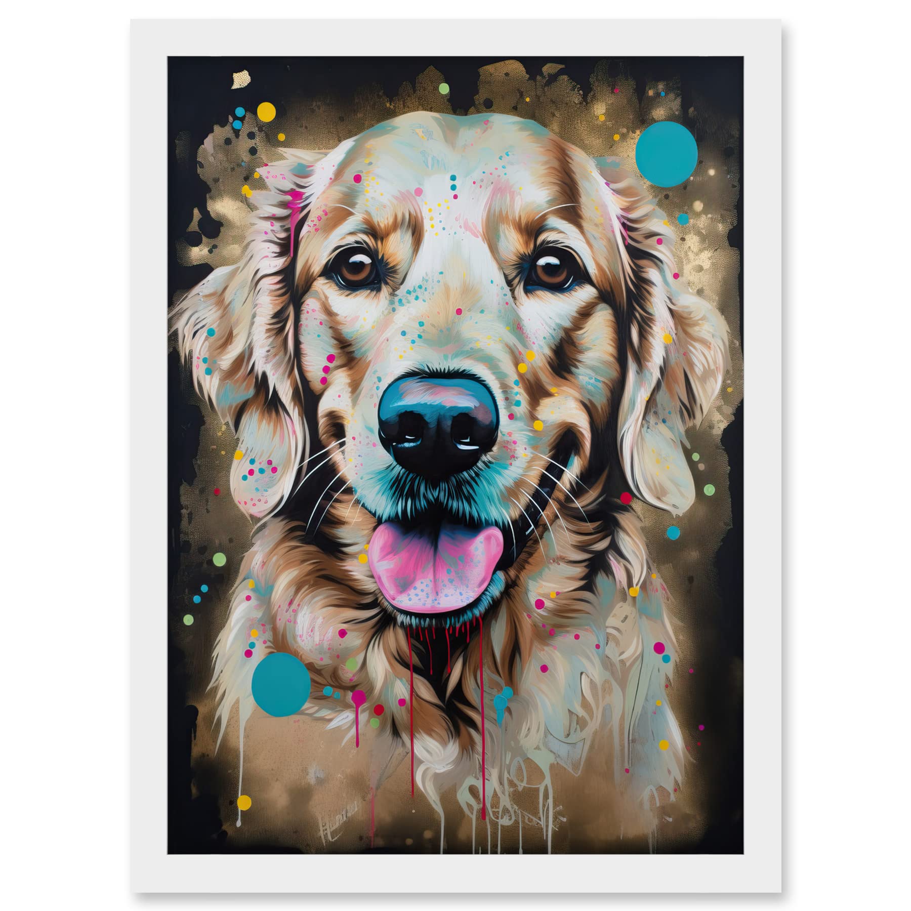 Artery8 Happy Smiling Golden Retriever Dog Portrait Artwork Framed A3 Wall Art Print
