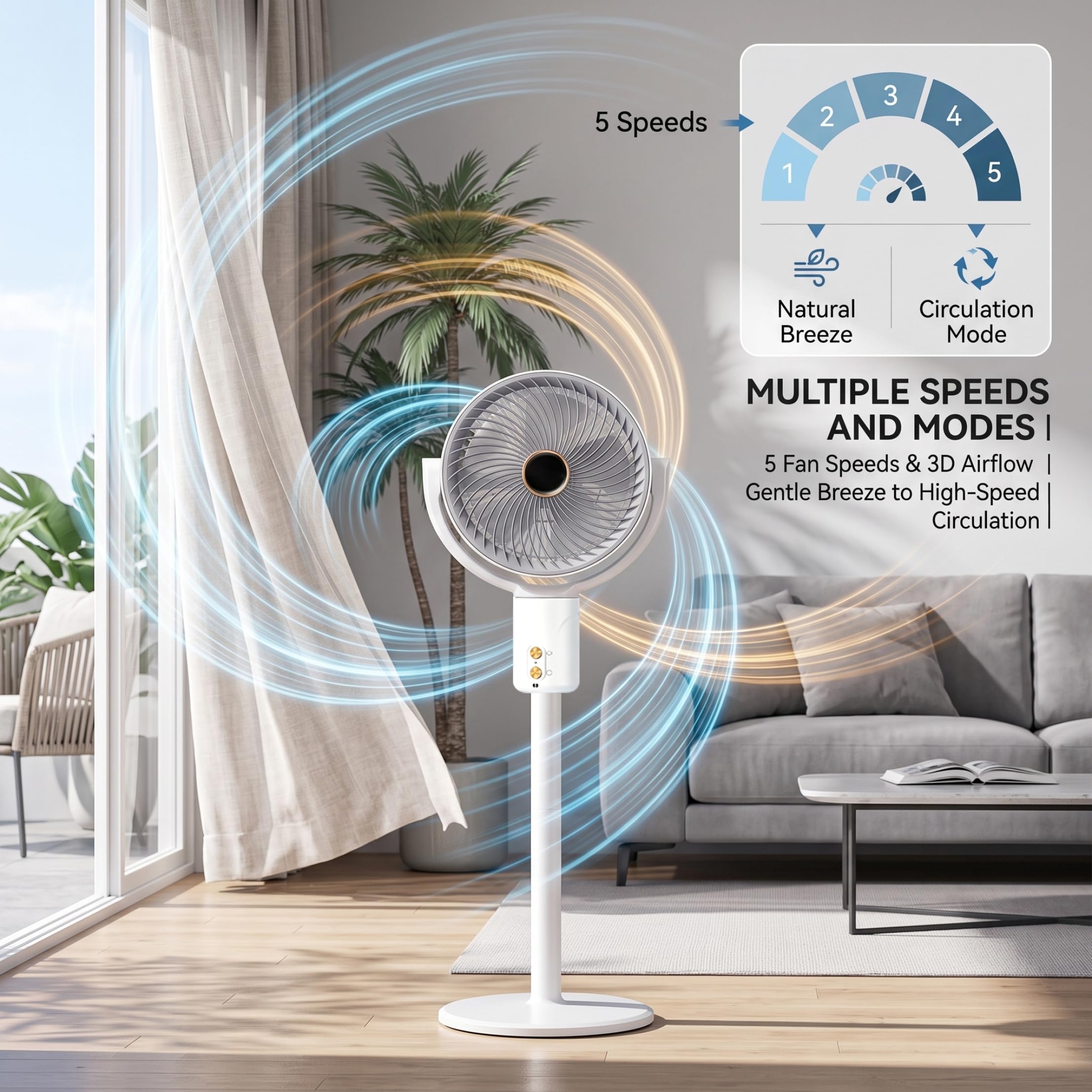 Ventilatore Pieghevole, Ventilatore da Terra Portatile, ventole oscillanti silenziose Senza Fili con Altezza Regolabile, utilizzo su scrivania e Pavimento, Bianco