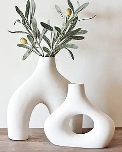 Carrot's Den Donut Vase, Set of 2 - White Large Ceramic Vase - Minimalist Nordic, Hollow | Table ...