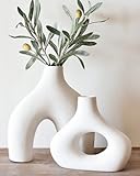 Carrot's Den Donut Vase, Set of 2 - White Large Ceramic Vase - Minimalist Nordic, Hollow | Table Centerpiece, Olive Plant, Wedding, Living Room, Bookshelf, Office, Modern Home, Entryway, Console