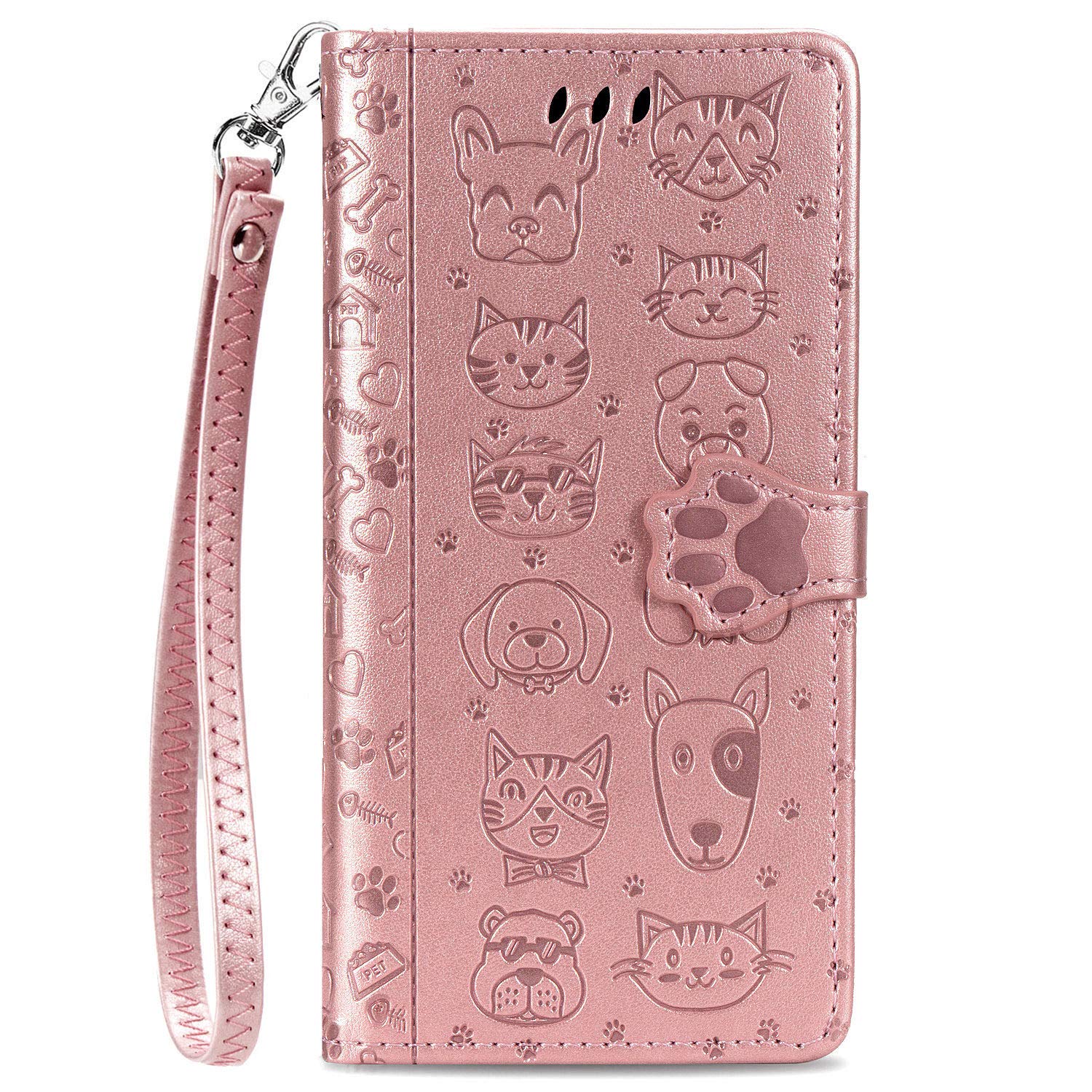 Galaxy A23 5G 用 ケース 手帳型 おしゃれ 可愛い アニマル 猫 ストラップ付き マグネット式 カード収納 小銭入れ スタンド機能 Galaxy A23 5G SC-56C / SCG18 かわいい ネコ 犬 手帳 カバー スマホケース (ローズゴールド)
