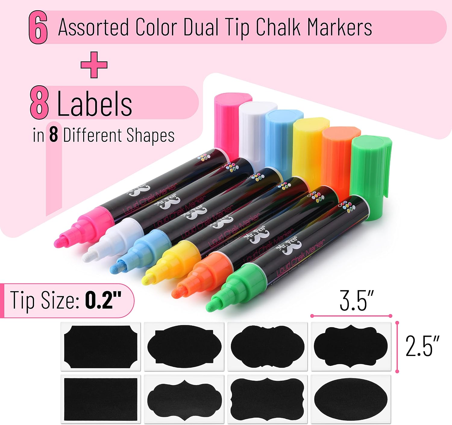 Mr. Pen- Chalk Markers, 6 Pack, Dual Tip, Vibrant Colors, 8 Labels, Chalk Markers for Blackboard, Liquid Chalk Markers, Chalkboard Markers, Window Markers, Liquid Chalk, Chalk Board Markers, Chalk Pen