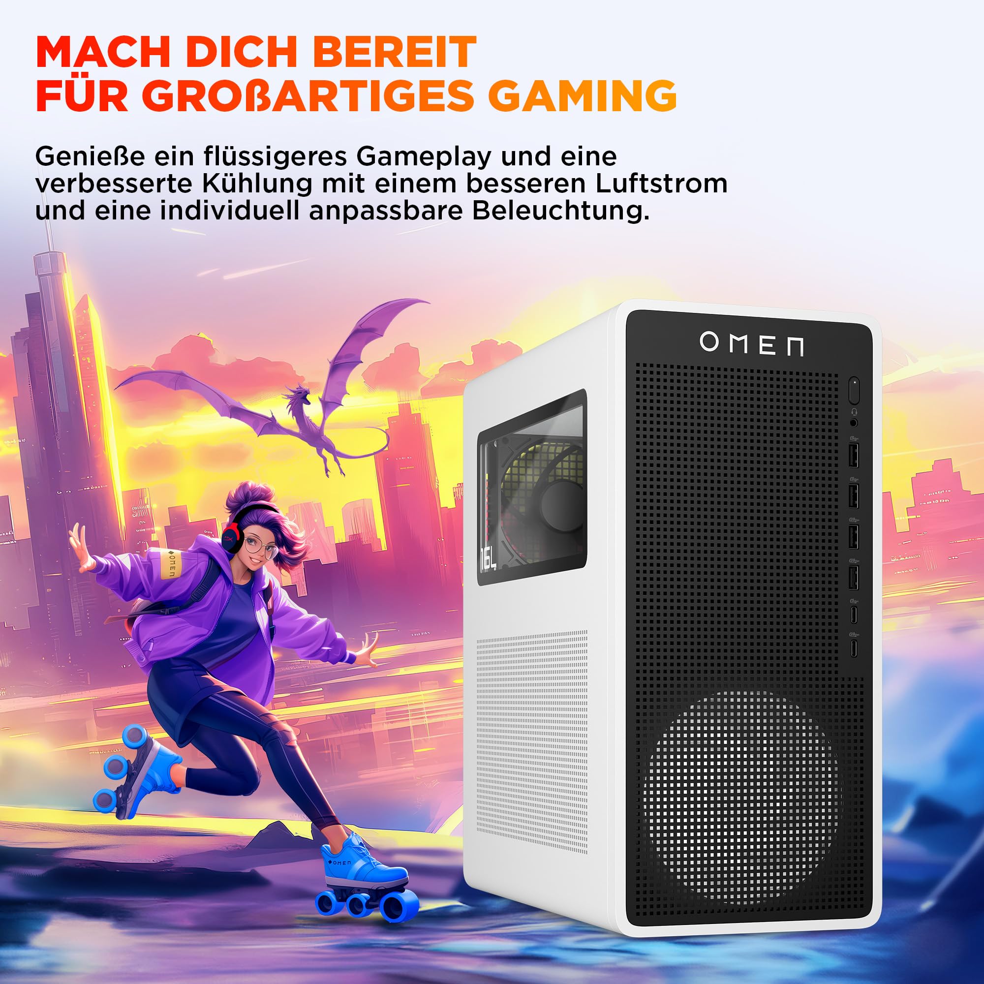 Omen 16L Gaming Desktop PC, Intel Core Ultra 5 225F, 16 GB DDR5 RAM, 1 TB SSD, NVIDIA GeForce RTX 5060 Ti, Windows 11 Home, RGB-Beleuchtung, Weiß