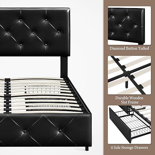 Miniatura 8 de Yaheetech Base de cama tapizada con 4 cajones de almacenamiento y cabecera ajustable, plataforma de piel sintética con base de colchón, fuerte