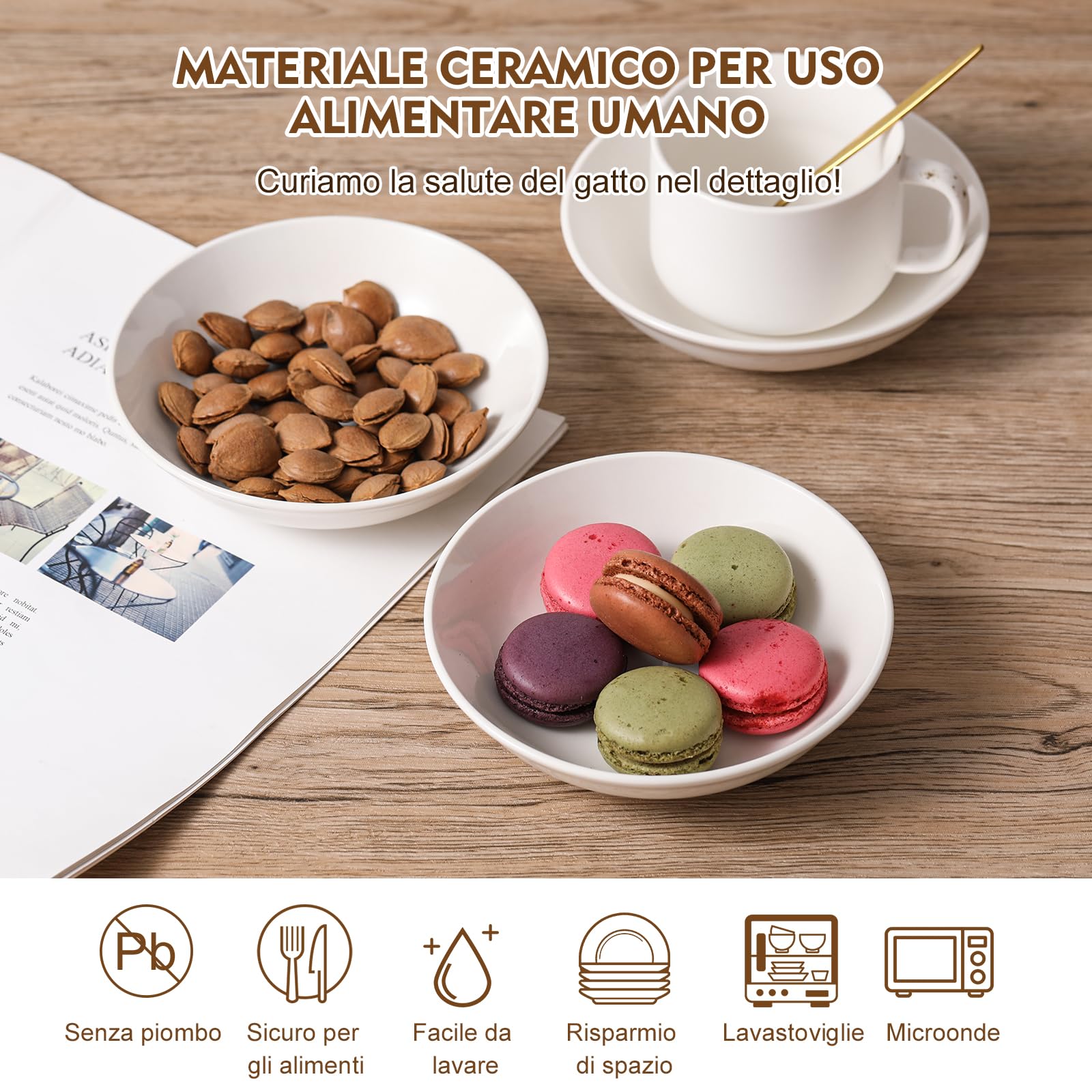 Set 6 Ciotole Ceramica Per Gatti - 250 Ml Colorate Con Design Antifatica Baffi - Microwavable - Foto 4