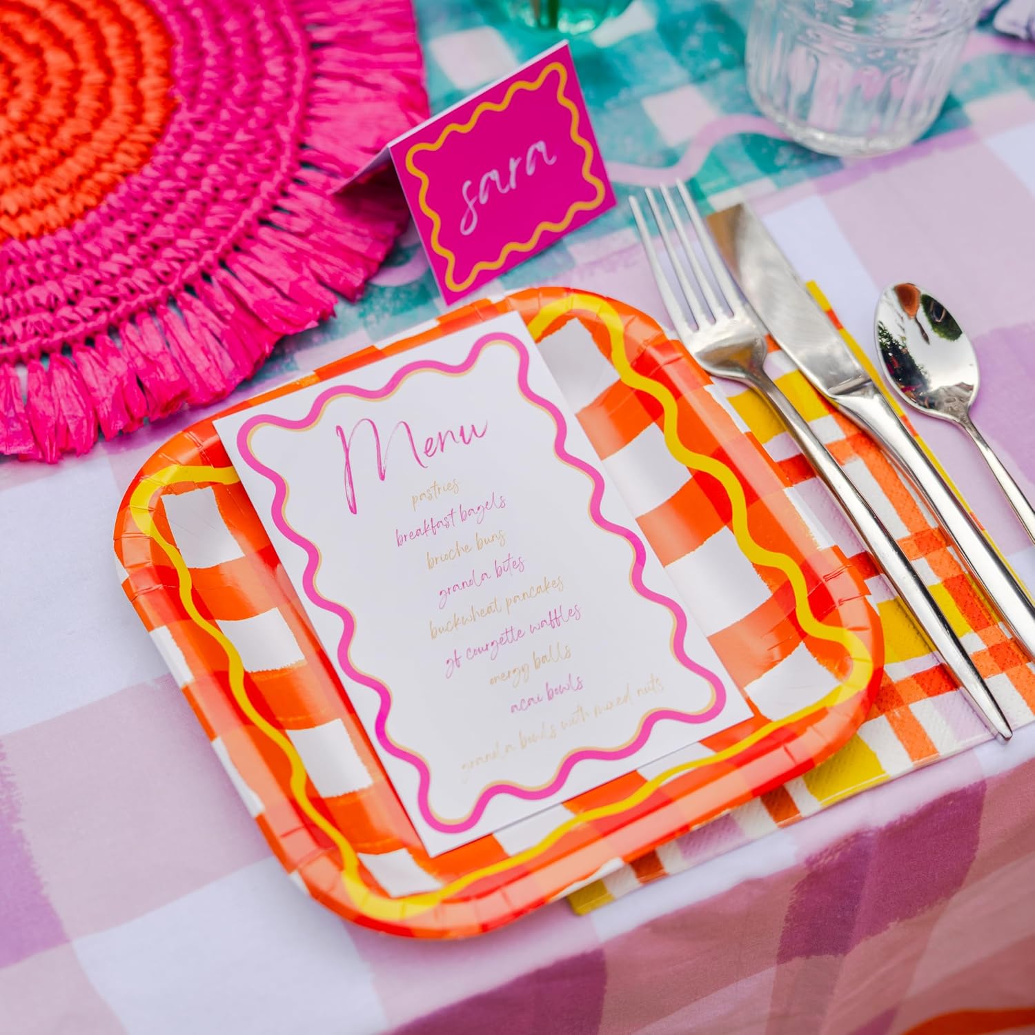 Talking Tables 12 x 7" Summer Gingham Paper Plates, Disposable Colorful Picnic Plates for Birthday, Tea Party, Garden Party, Baby Shower