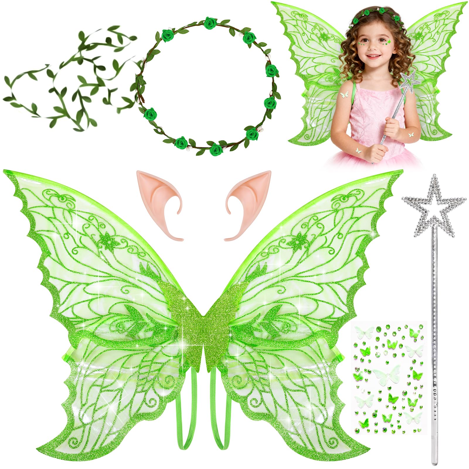 5 Pezzi Ali da Fata a Forma di Farfalla,con Orecchie da Elfo,Cerchietto da Fata,Bacchette di Fata a Stella,Adesivo Farfalla,per Carnevale,Compleanno,Giochi di Ruolo.3-12(Verde)