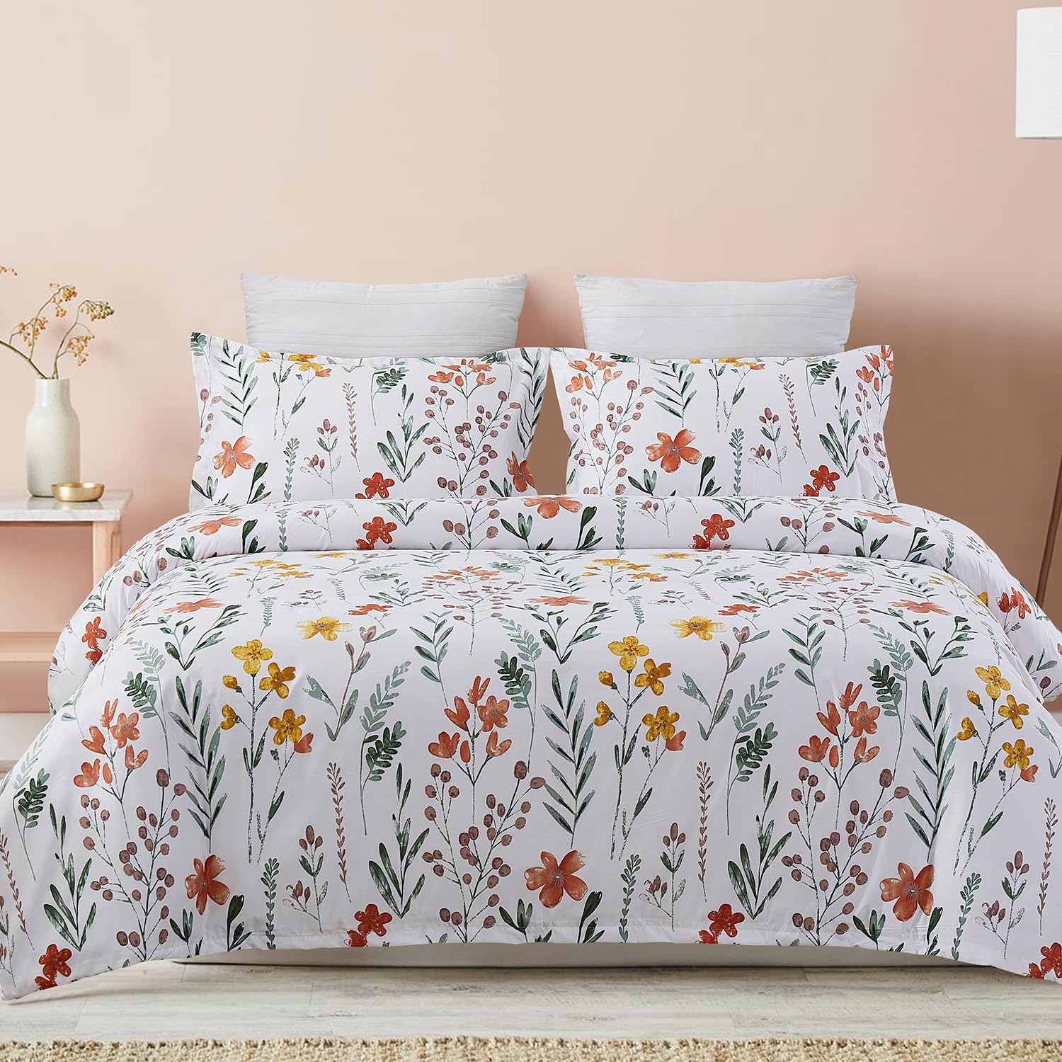Vaulia Soft Microfiber Floral Duvet Cover Queen Size, Green and Orange Botanical Print Pattern, Lightweight and Breathable Design, 3-Piece Set (1