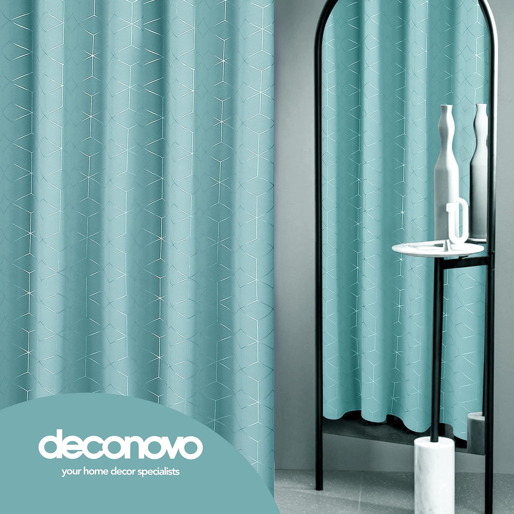 Stylish sky blue Deconovo blackout curtains with a modern geometric print.