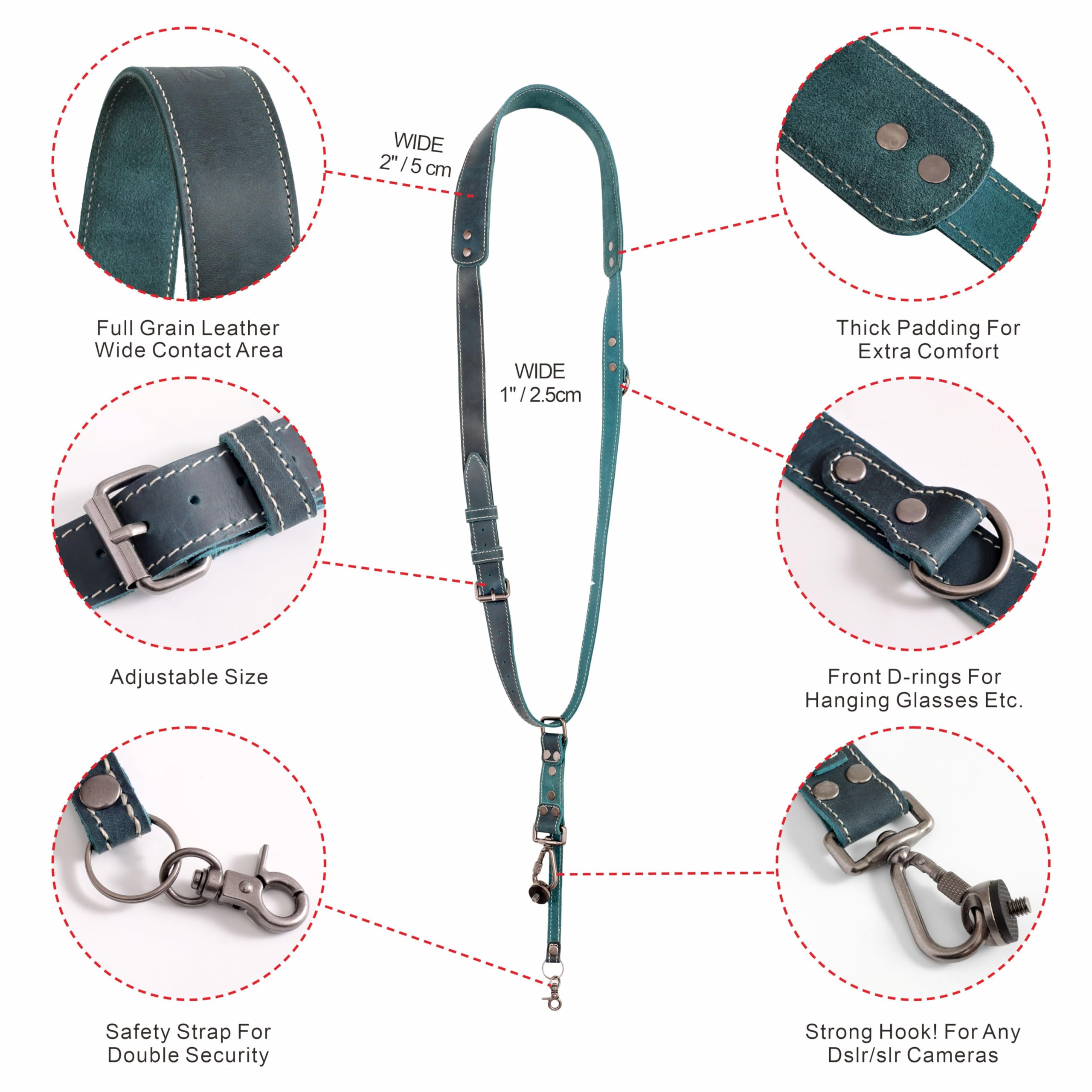 Padwa Lifestyle Tracolla per fotocamera singola, in pelle pieno fiore, professionale, a sgancio rapido, per fotocamere DSLR, Verde, Single Leather Camera Strap