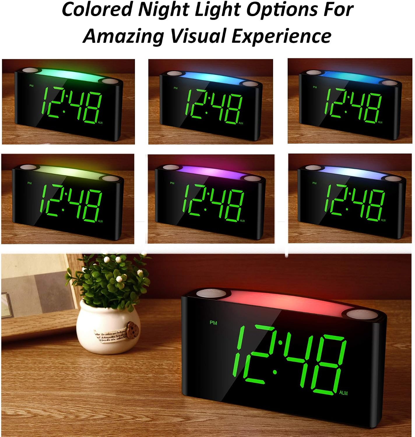 Loud Vibrating Alarm Clock with Super Bed Shaker for Heavy Sleeper Deaf Hearing Impaired Elderly, Bedrooms - Digital Plug-in Clock, Night Light, 7’’ Large LED Display&Full Dimmer, USB Ports,12/24H DST