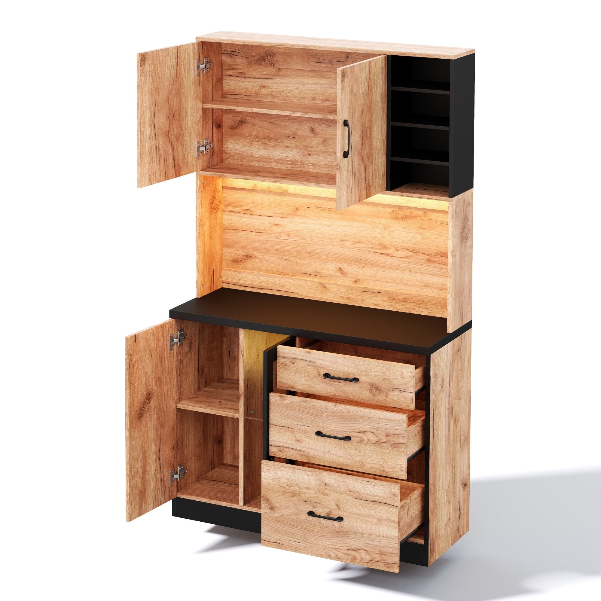 Mobile moderno da cucina, 105 × 38,3 × 180 cm, nero + effetto legno, ripiani regolabili, adatto per cucina, sala da pranzo, soggiorno