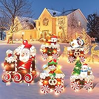 Vista 6 de Decoraciones de Tren de Navidad para Patio con Luces LED - Juego de Árbol de Navidad, Muñeco de Nieve y Tren para Patio con Estacas