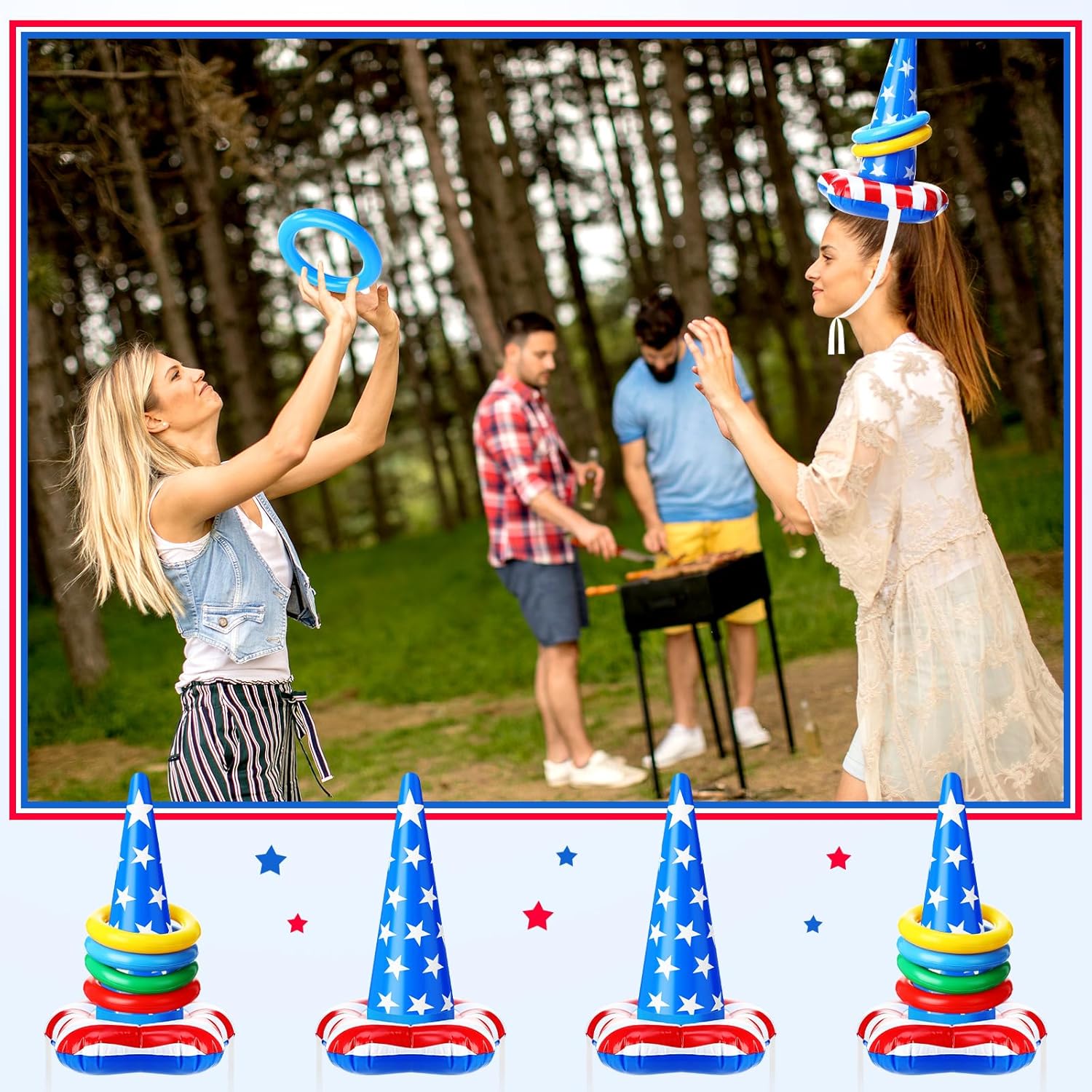 MiniInflat 4 Sets Fiesta Party Favor Mexican Inflatable Ring Toss with 24 Rings and 1 Air Pump for Cinco de Mayo Sombrero Picnic Outdoor Indoor Supplies