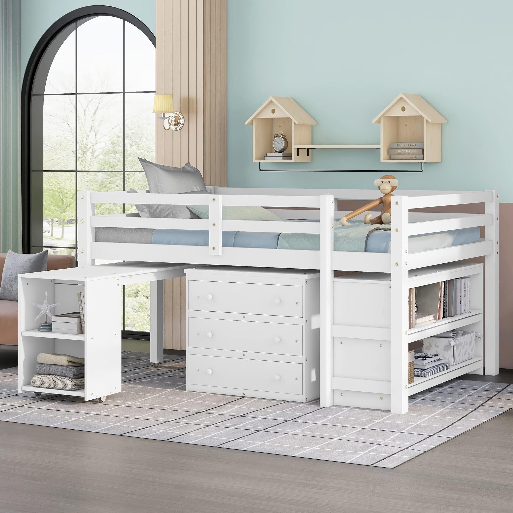 Full Loft Bed with Desk Low Study Kids Full Loft Bed with Storage Drawers, Low Loft Bed Full for Kids Full Loft Bed with Safety Guard Rails and Bookcase Shelf (White, Full Loft with Desk)