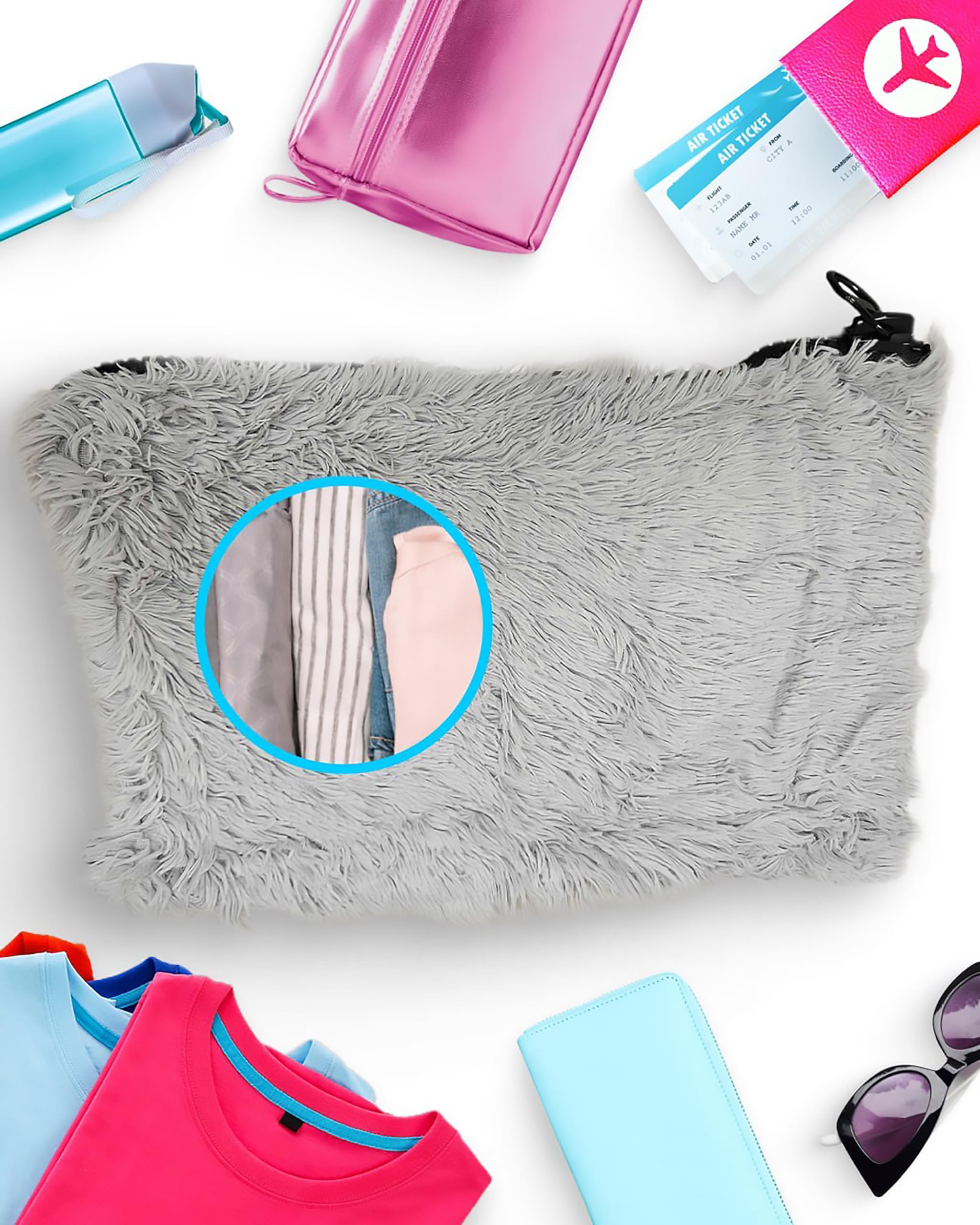 Skywin Stuffable Travel Pillow, Airport Carry on Packable Travel Pillow for Extra Room 15 x 22 in, Neck Pillow, Luggage for Convenience with Soft Fur Faux