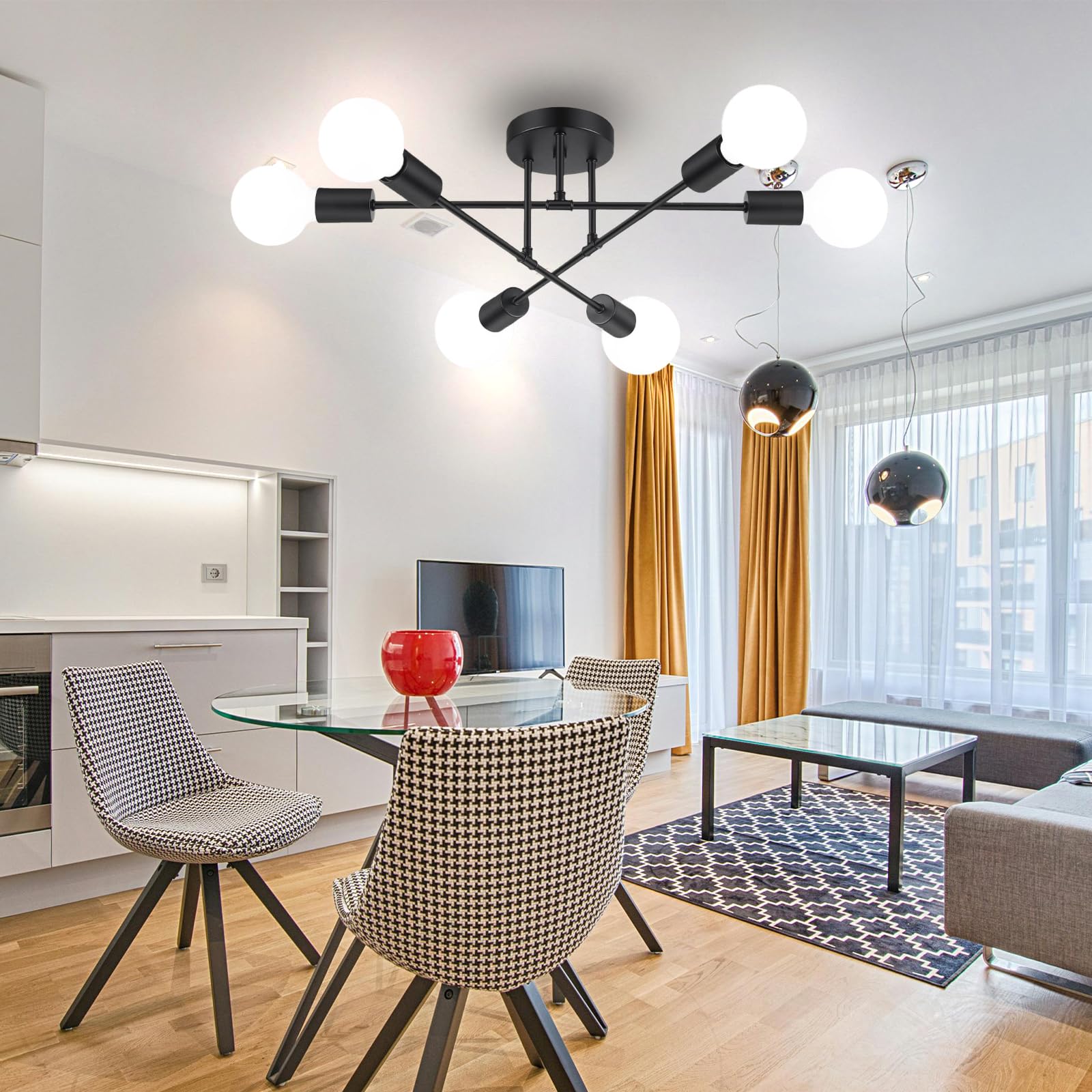 Chandelier Sputnik Ceiling Light, 6 Lights E27 Black Modern Chandelier - Image 3