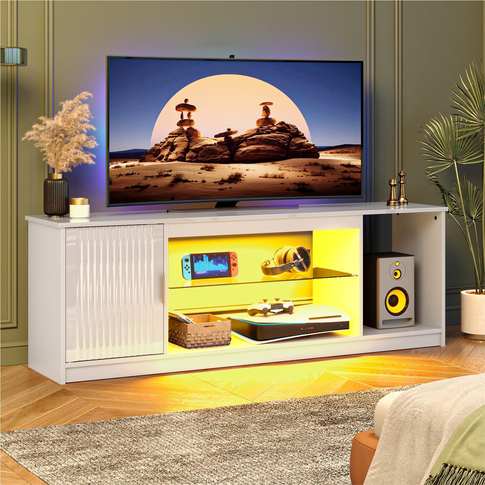 Bestier TV-Schrank 145x35x52 cm für Fernseher bis 65 Zoll mit RGB LED-Beleuchtung (22 Farben) & verstellbaren Glasböden - Lowboard für Wohnzimmer, Schlafzimmer