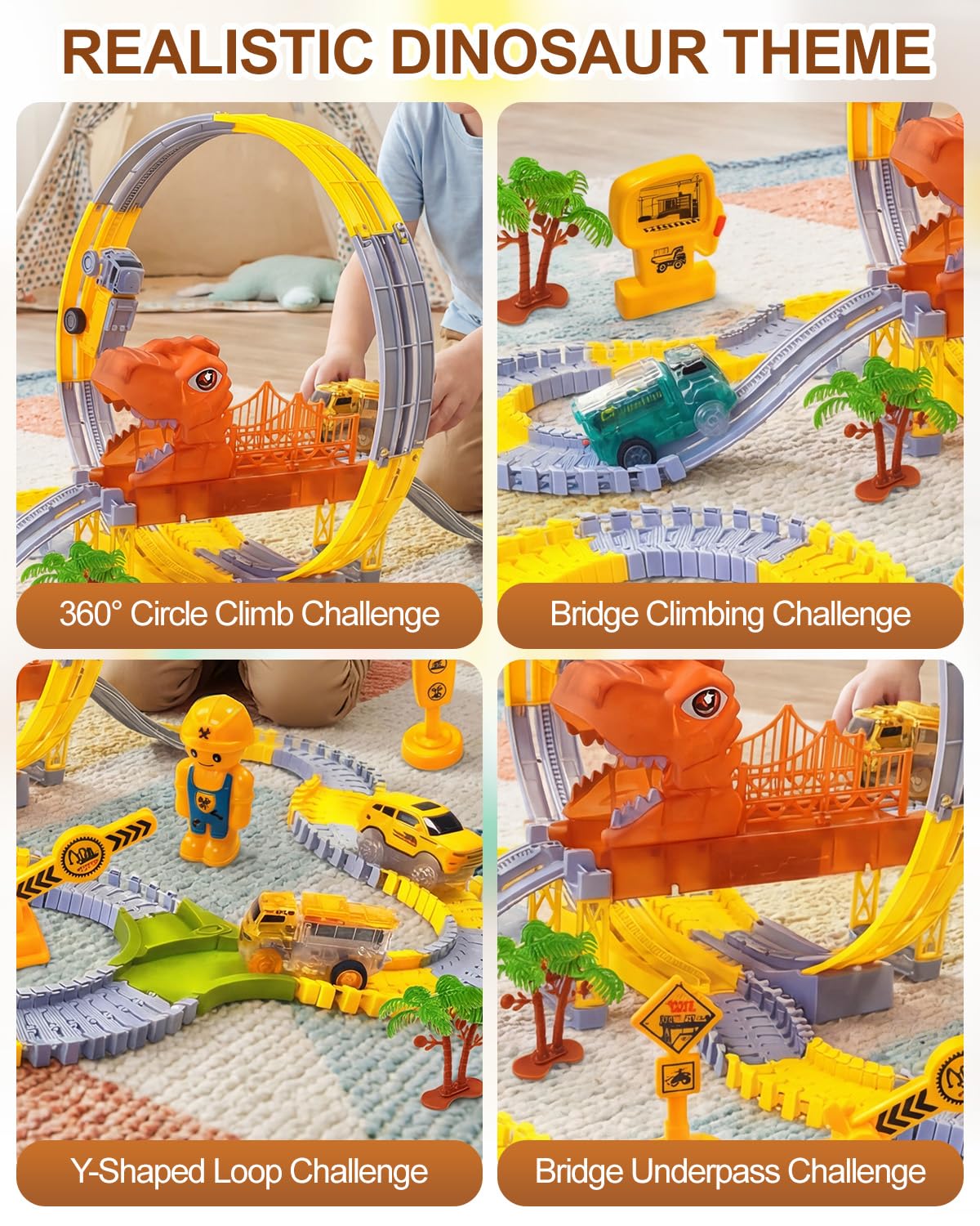 Dinosaur Race Track Toy with 360-Degree Loop, Dinosaur Toys Train Track with 2 Luminous Dinosaur-Themed Cars - Image 4