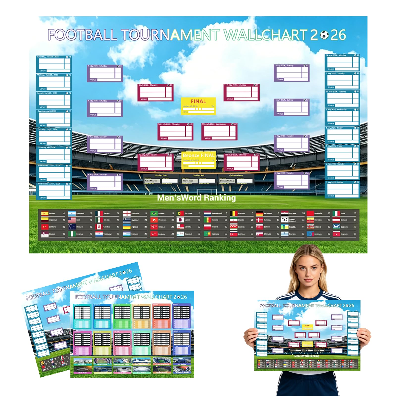 Thhiit 2 Pcs 2026 Football Tournament Schedule Poster, 58x42cm Wall Chart Party Decorations for Soccer Fan Gift