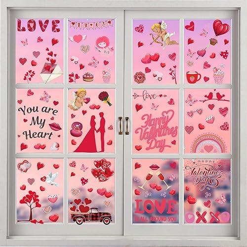 9 hojas de calcomanías para ventana del día de San Valentín decoraciones de ventana de corazón calcomanías de Cupido para parejas diseño de corazón