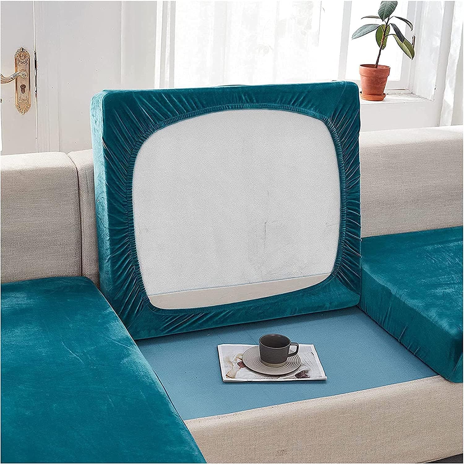 Velvet 2 3 Cushion Cover, Sofa Slipcovers for L Shaped Sofa Chaise Lounge, Stretch Cushion Slipcovers Plush Furniture Protector for Loveseat Sectional (Blue,3Seater(3pcs))