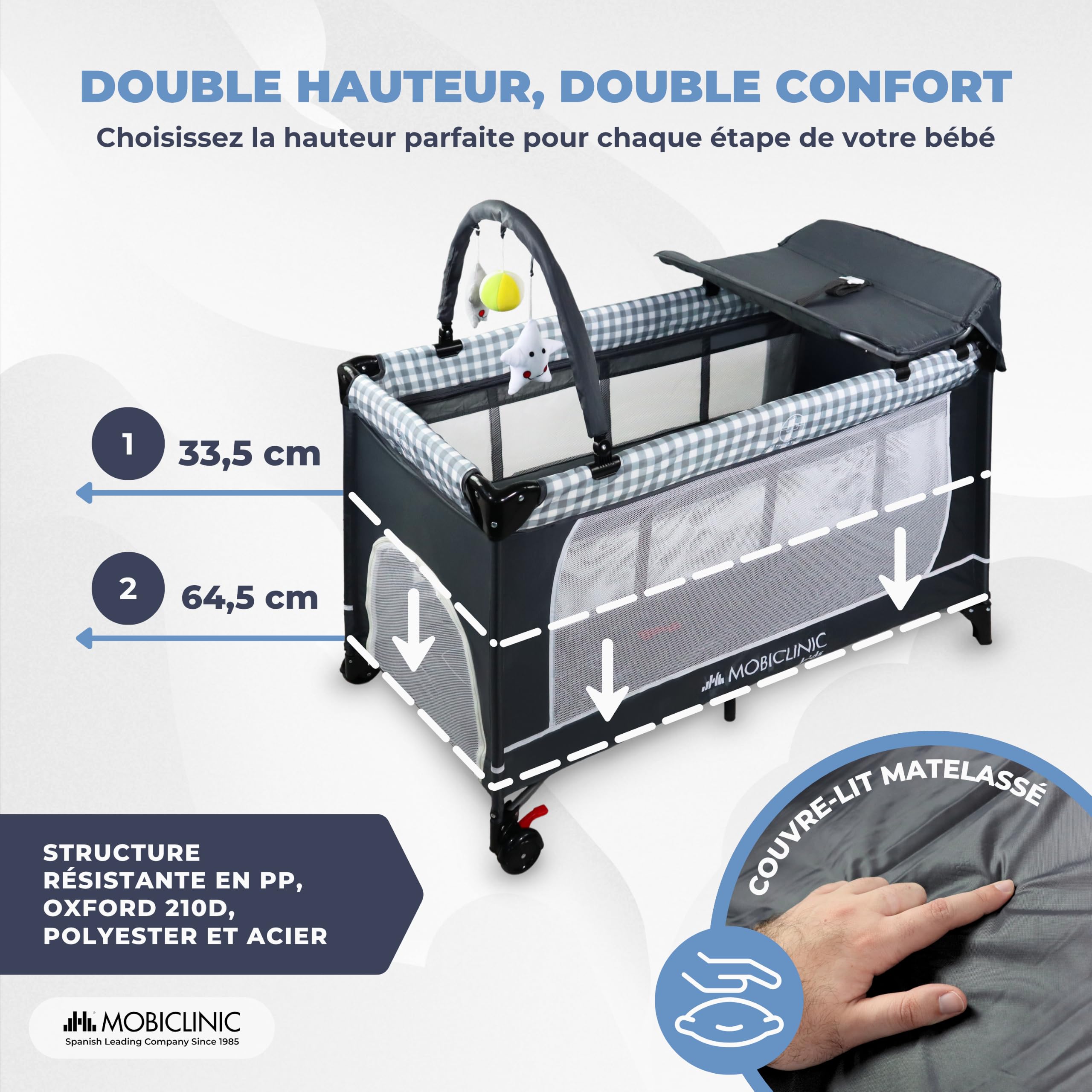 Mobiclinic®, 3 en 1 lit Parapluie bébé, De Voyage à 2 Niveaux, Table Lange, Parc Berceau, Entrée latérale, Sac Transport, Caelum, Roues avec Frein, Max.15 kg, Poche Rangement