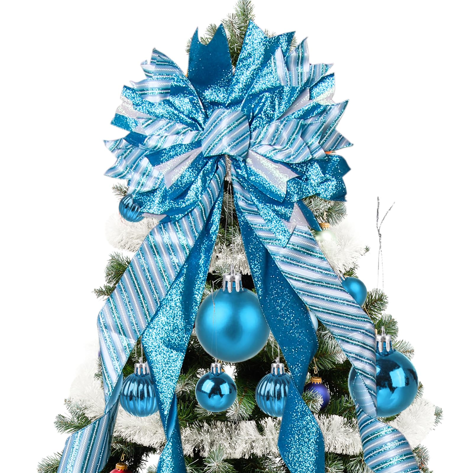 Christmas Tree Topper Christmas Wreath Bow, 52 * 13 inches Large Tree Toppers Bow with Sunflower Patterned for Xmas Tree Décor Christmas Home Indoor Outdoor Decoration Lake Blue