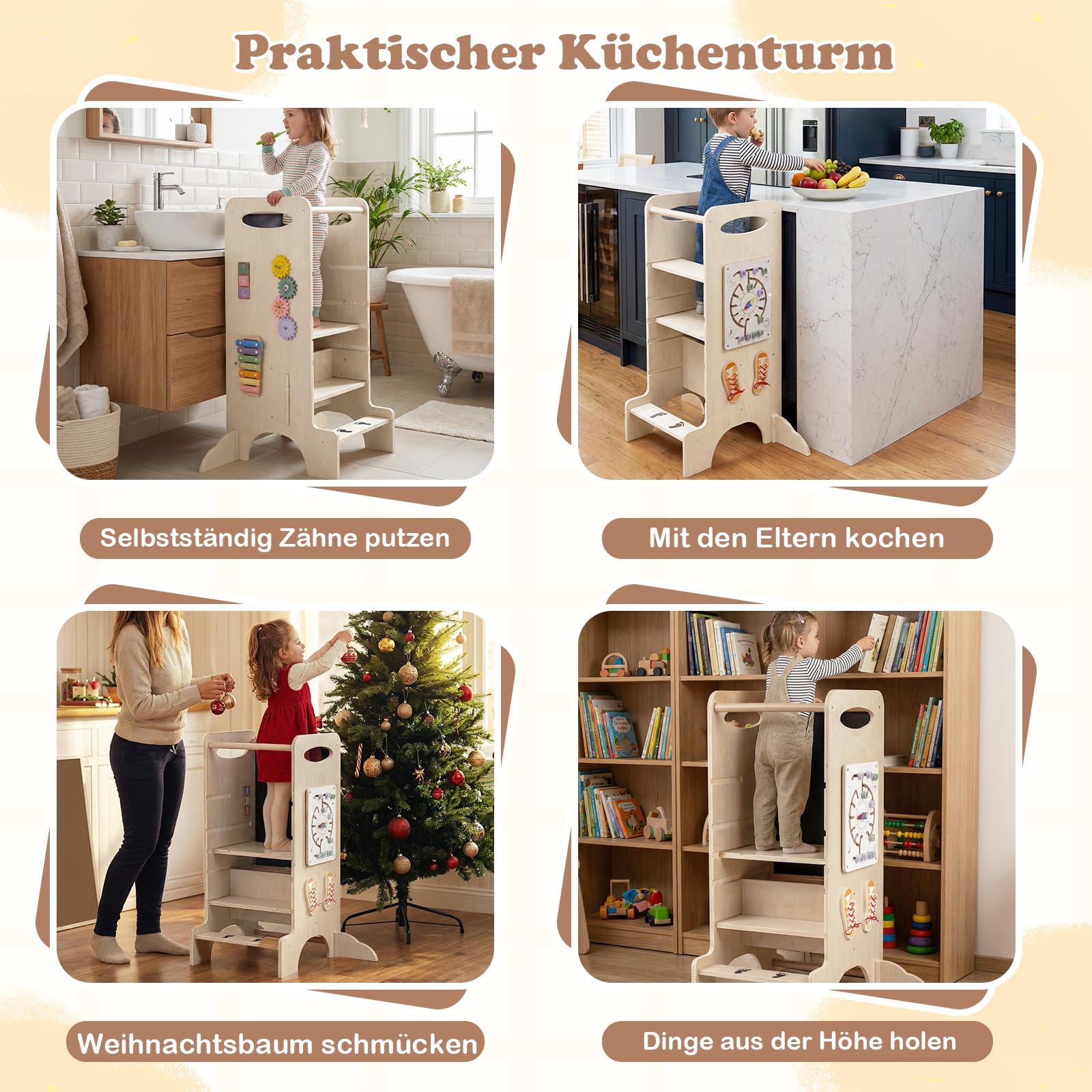 COSTWAY 4 in 1 Lernturm mit Spieltablett, Tritthocker Montessori mit 3 verstellbaren Höhen & Abnehmbarer Tafel, Trittleiter aus Buchenholz, Trittschemel für Kinder ab 3 Jahren