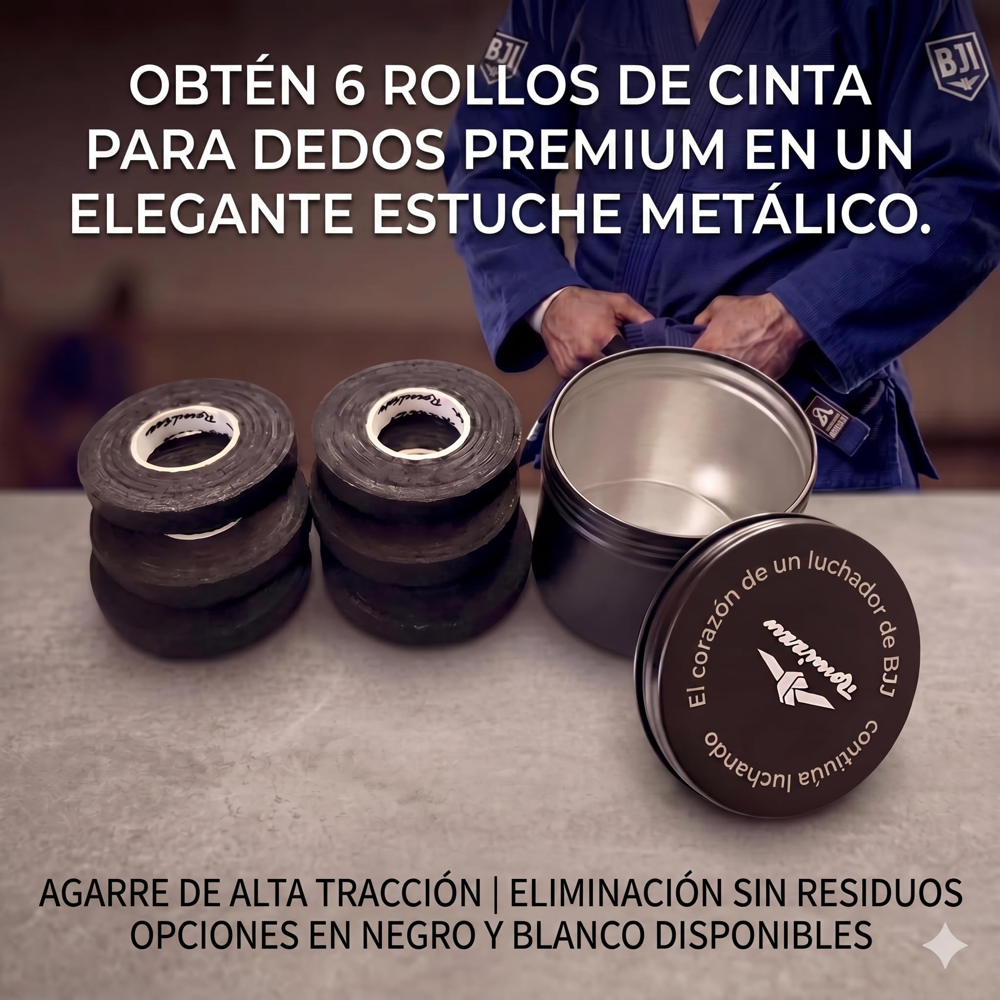 Cinta para Dedos Adhesivo Fuerte Algodón Transpirable y Antideslizante Para BJJ Escalada y Otros Deportes 6 Rollos (8 m × 8 mm) con Estuche Metálico y Caja de Regalo