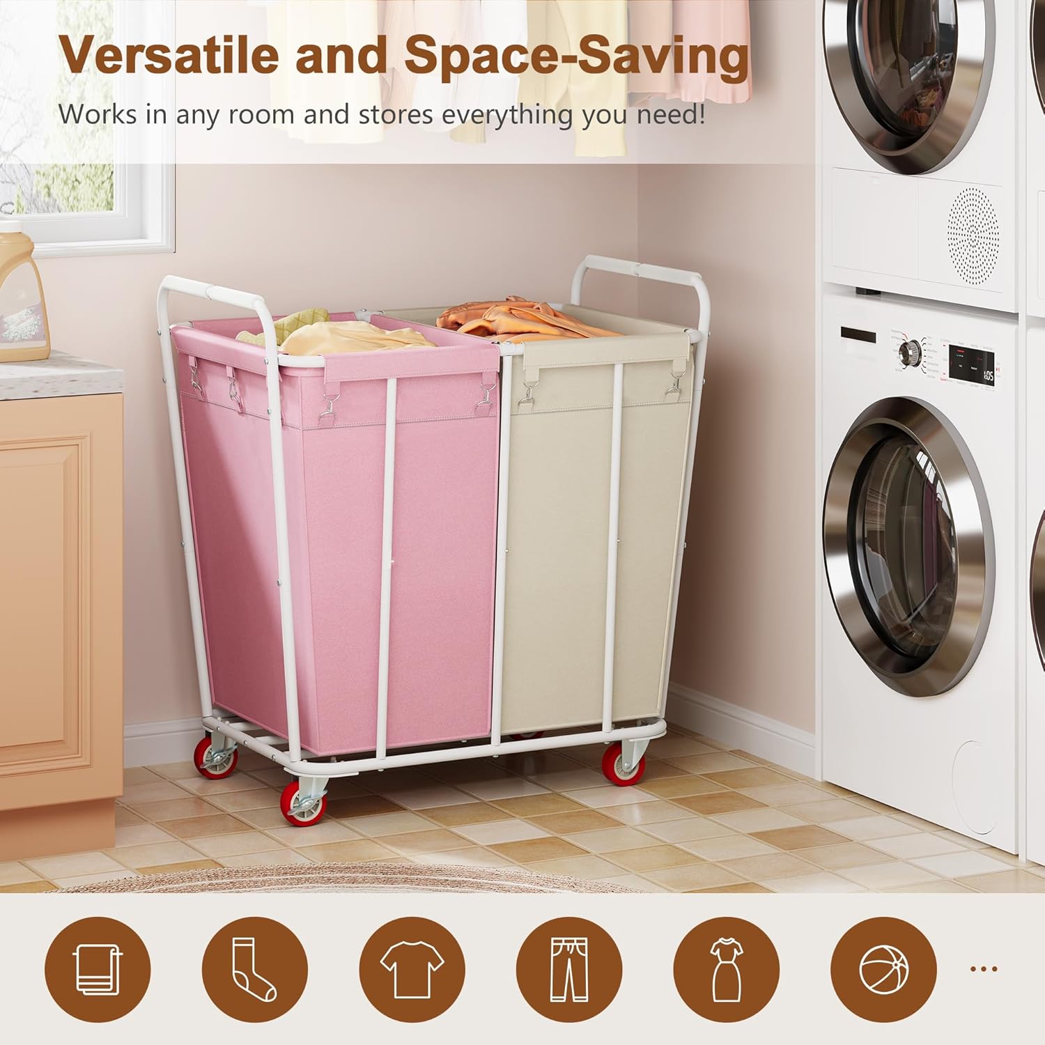 Hoctieon 2 Section Laundry Sorter Cart, 400L Rolling Hamper with Wheels, Industrial Laundry Basket Organizer, Extra Large Dirty Clothes Hamper for Home & Hotel, Heavy Duty, Pink+Beige