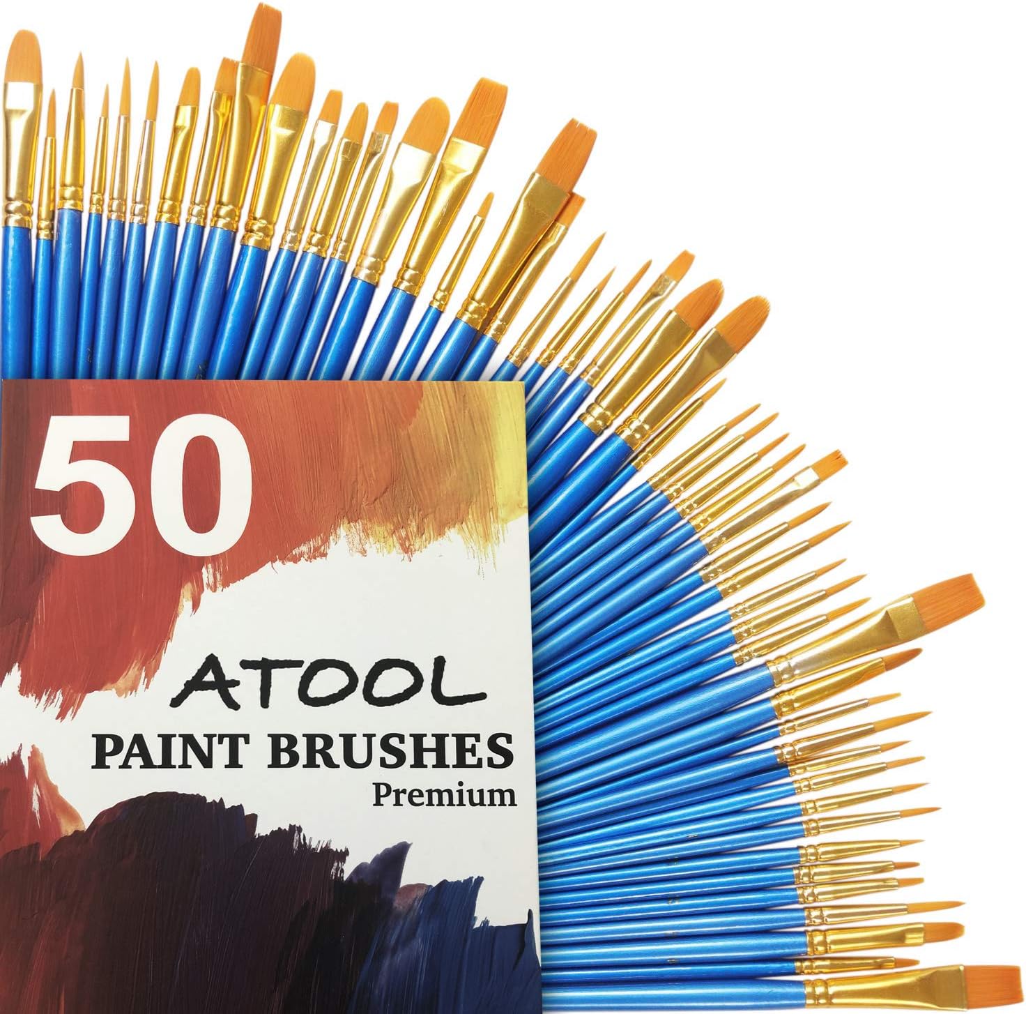 ATool Acrylic Paint Brushes Set, 5 Packs / 50 pcs Nylon Hair Brushes for All Purpose Oil WatercolPainting Artist Professional Kits