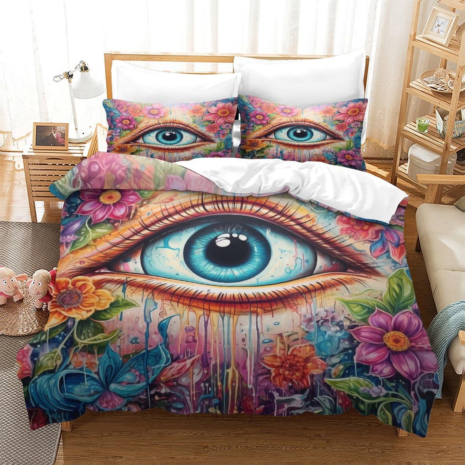 P1S9U7W5Y Psychedelic Eye 3D Printed Duvet Cover Set 3pcs Microfiber Floral Bedding Set Double