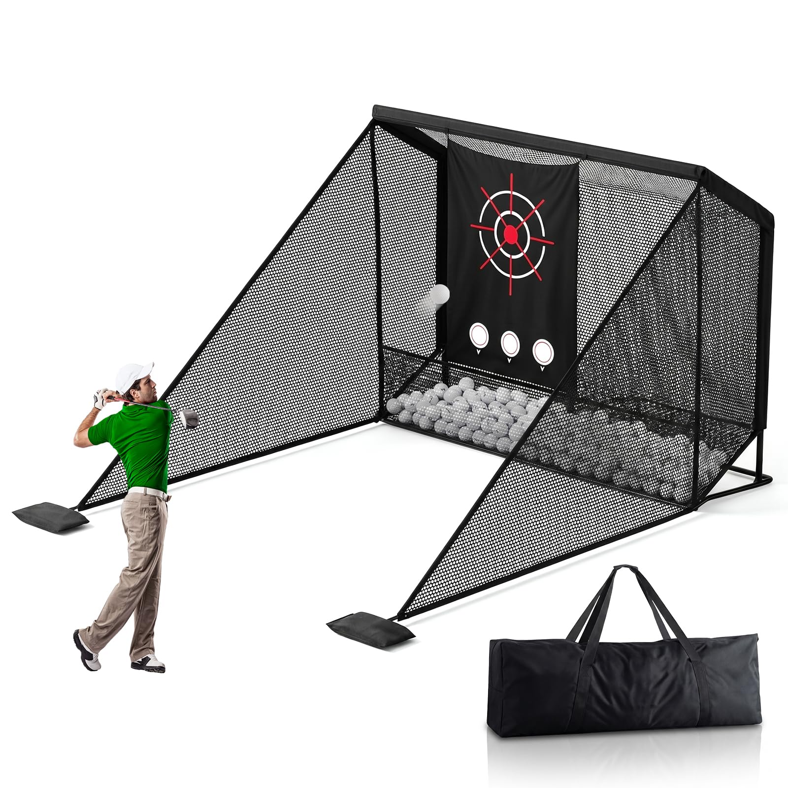 Golf Practice Net, 10x7ft Portable Golf Hitting Net with Target Cloth for Golf Simulator, 2 Side Barriers, Ball Return & Collection System and Carry Bag, Hitting Training for Indoor/Outdoor