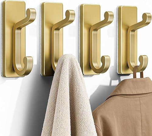 Paquete de 4 ganchos de pared autoadhesivos para abrigos, gancho doble de acero inoxidable resistente para ropa, toallas, llaves, bolso, mochila,