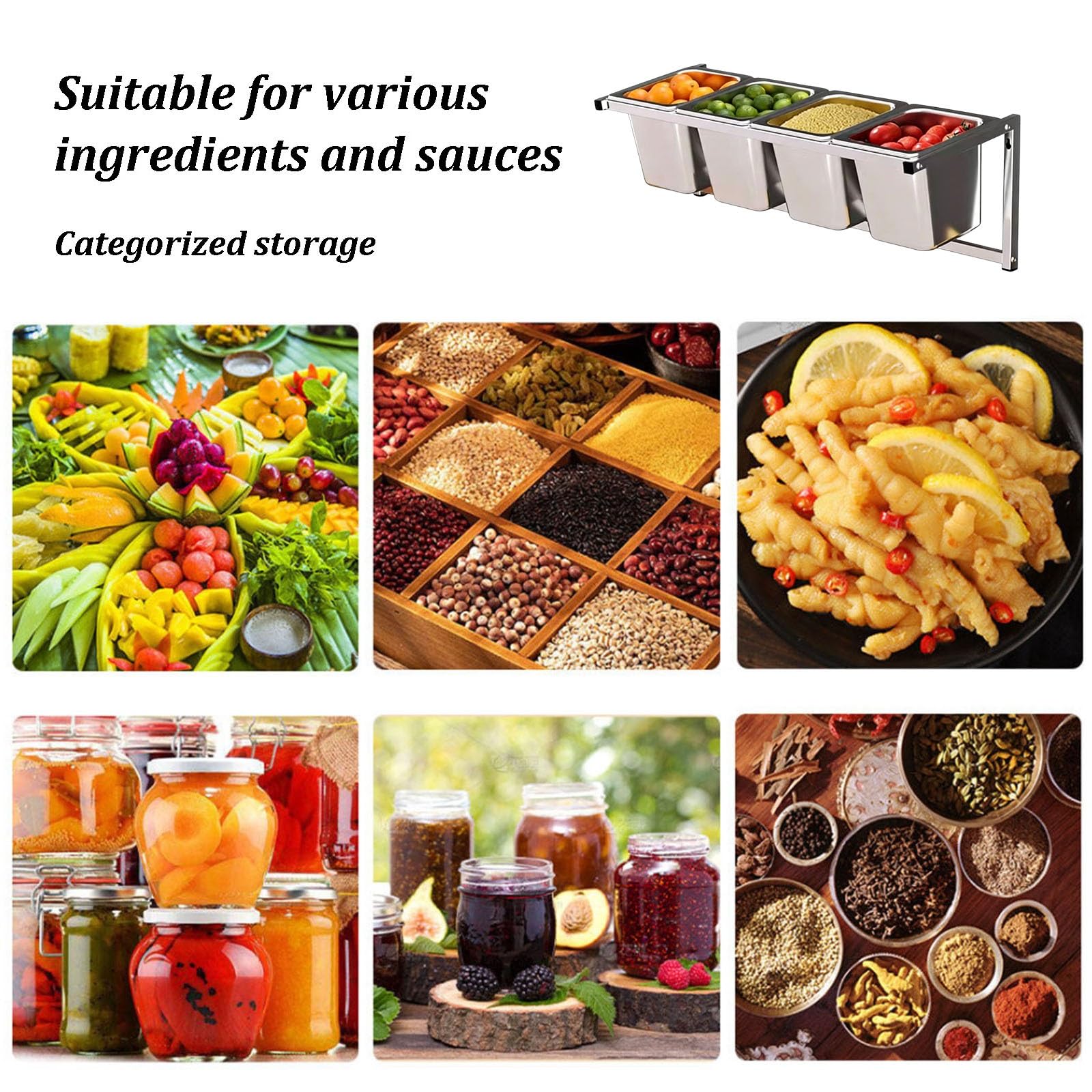 Estación de cobertura de pizza con tapa y cuchara, dispensador de condimentos de acero inoxidable montado en la pared, estante extraíble para especias de buffet para salsas e ingredientes de frutas