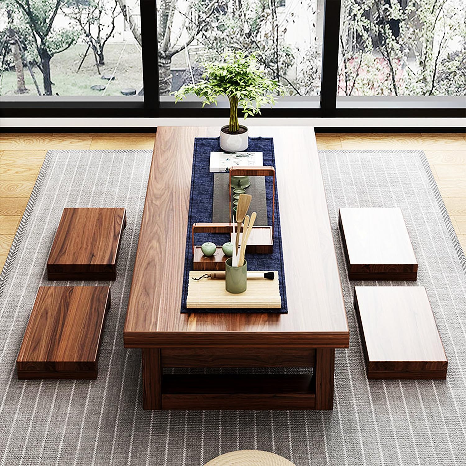 Japanese Tatami Tea Table w/4 Stools - Low Floor Table, Brown, 140x60x35cm