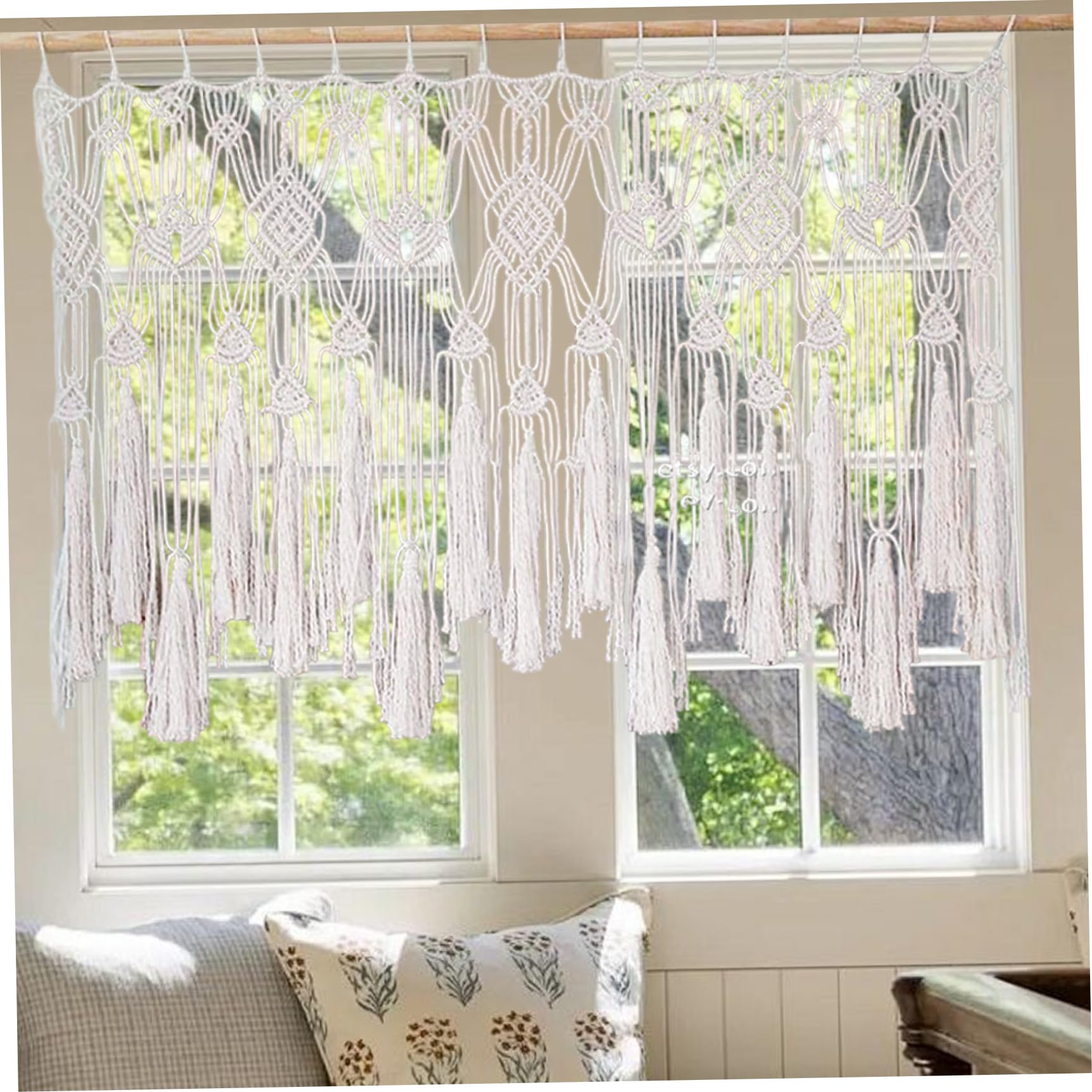 Cortinas de macramé para Ventanas, Cenefa de macramé Tejida con Cuerda de algodón, Cenefa Bohemia Corta para Colgar en la Pared para Puerta de balcón de Cocina, Dormitorio, 47x22 Pulgadas-