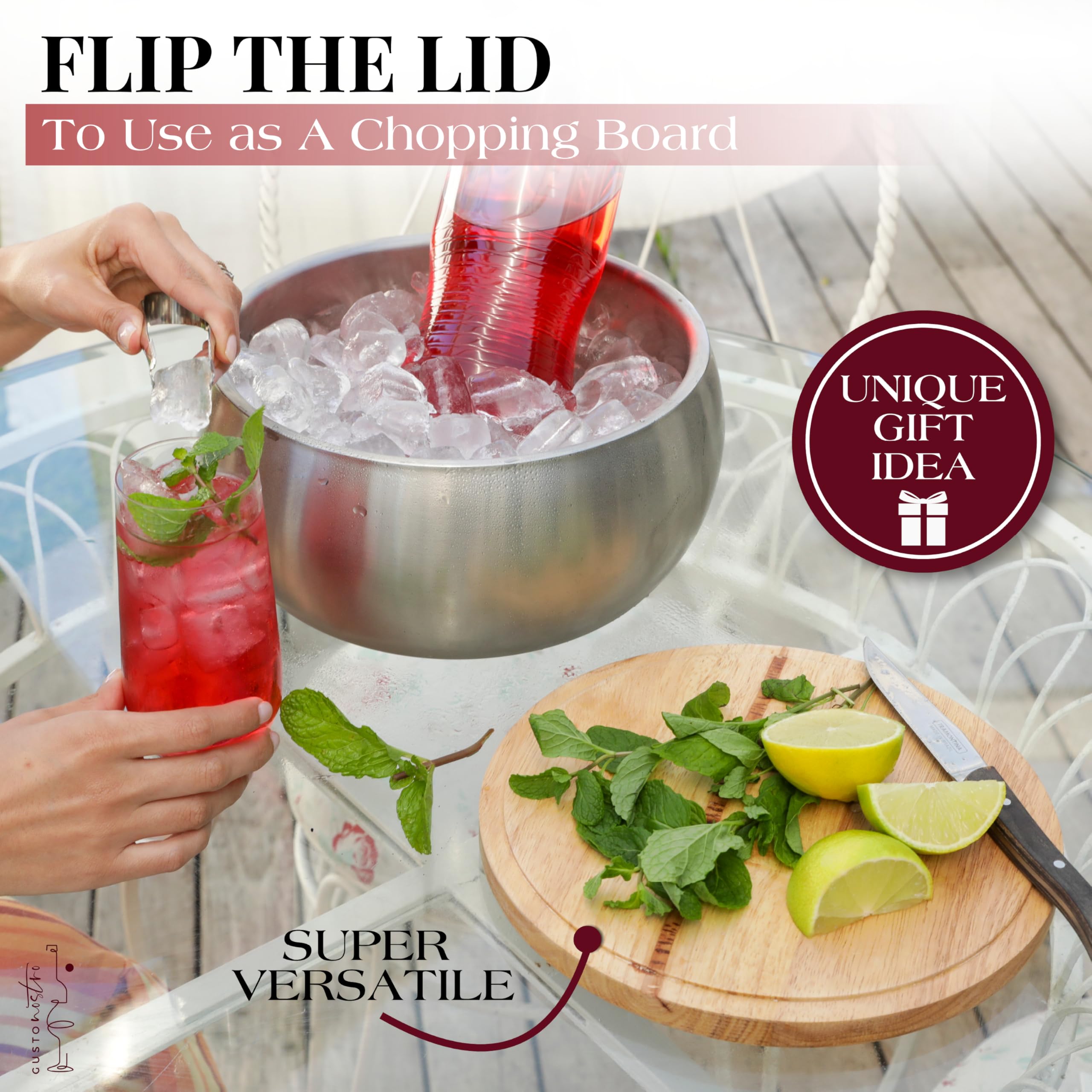 Gusto Nostro Cubitera Aislante con Tapa y Pinzas 4,1 L – Enfriador de Botellas de Acero Inoxidable de Doble Pared, Sin BPA – Mantiene el Champán, el Vino y la Cerveza Fríos para Fiestas