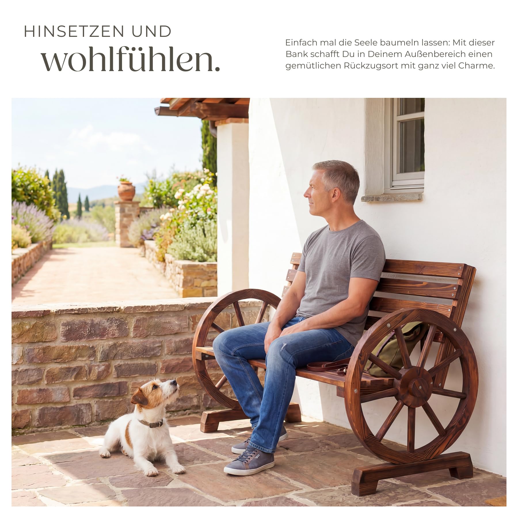tectake® Gartenbank, 106 x 55 x 78 cm, geflammtes Massivholz | Belastbarkeit 320 kg, wetterfest, Wagenraddesign, hohe Rückenlehne, 2-Sitzer, Gartenholzbank, braun